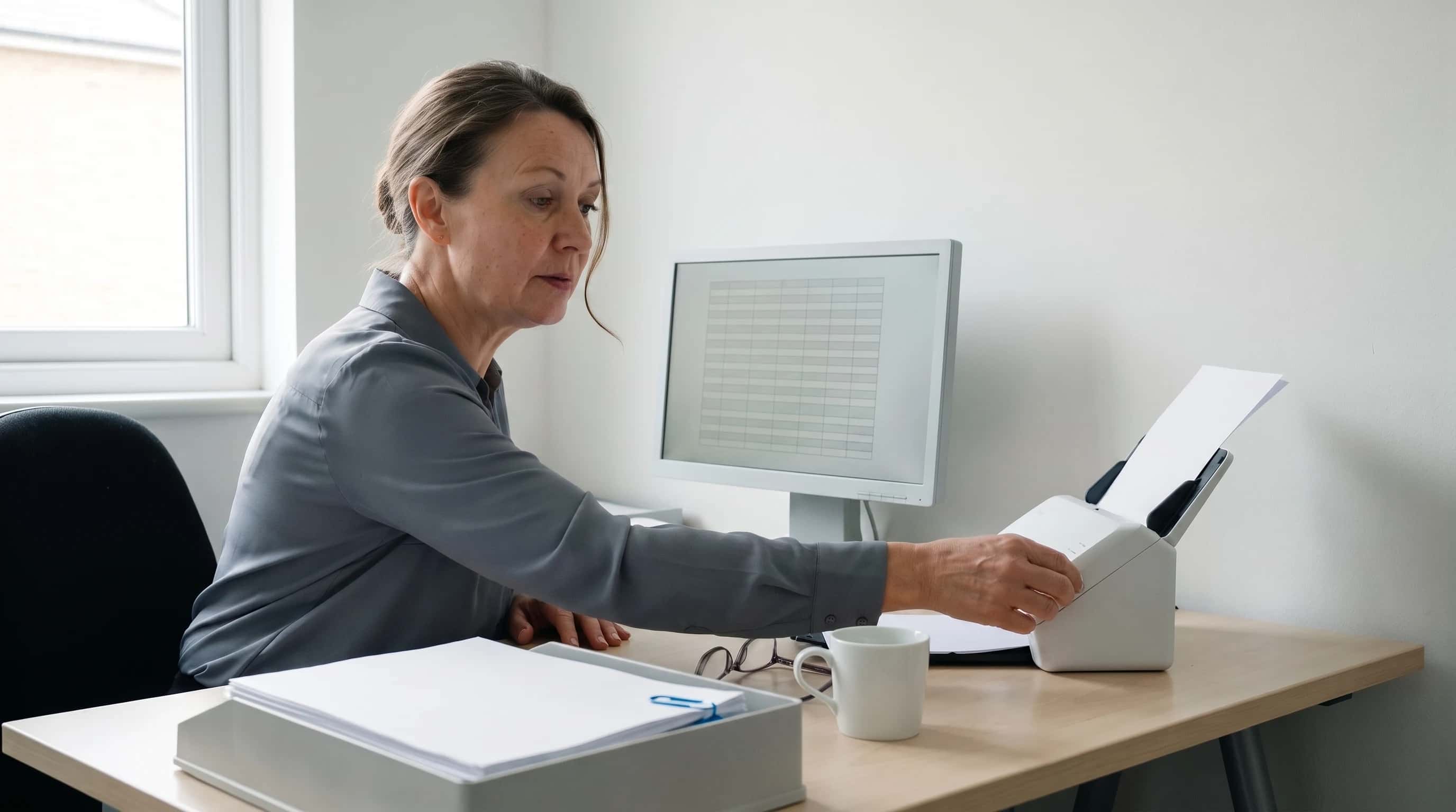 Accountant voert een blanco vel in een documentscanner aan een licht bureau, naast een monitor met een leeg tabelraster
