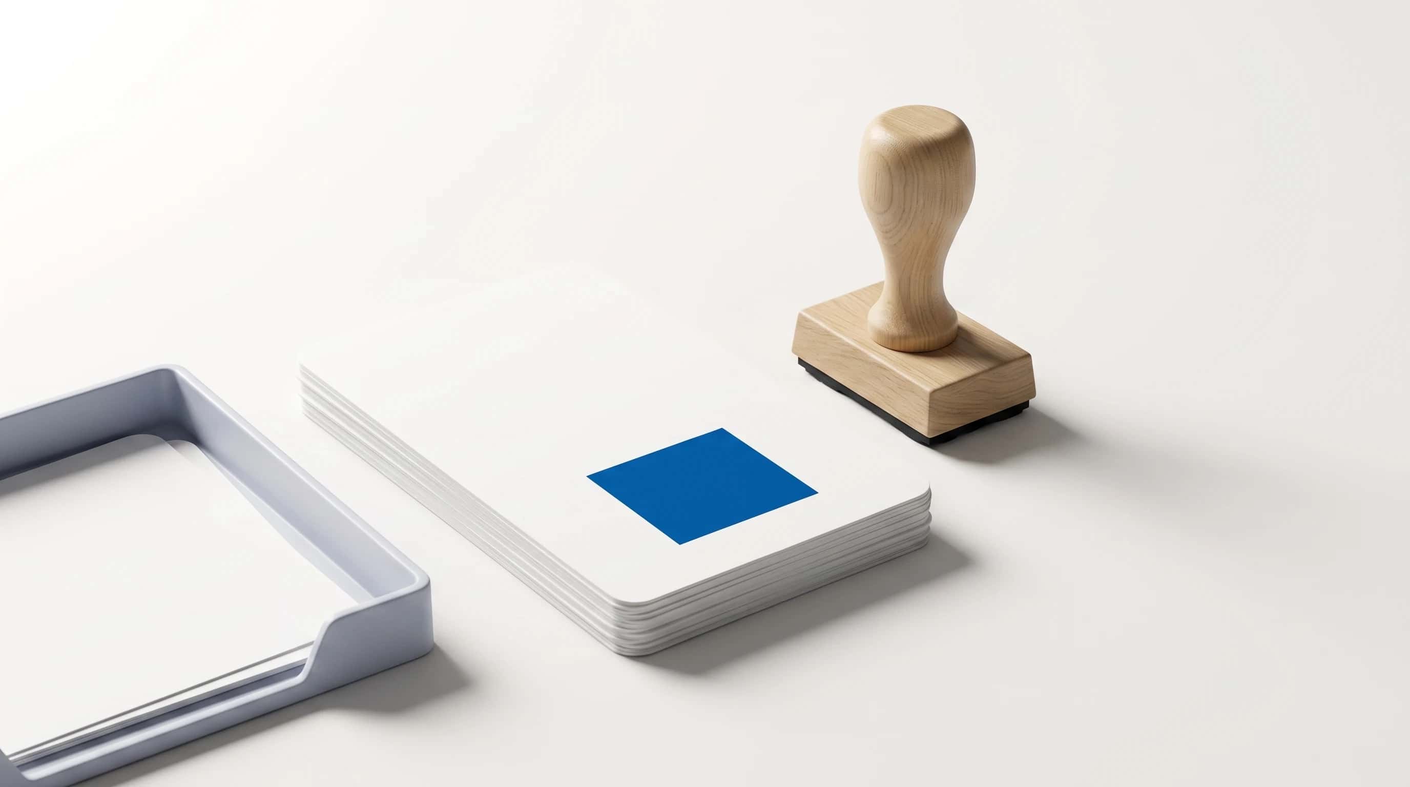 Houten stempel naast een stapel blanco vellen met één blauw stempelvlak, in een lichte studio-opstelling