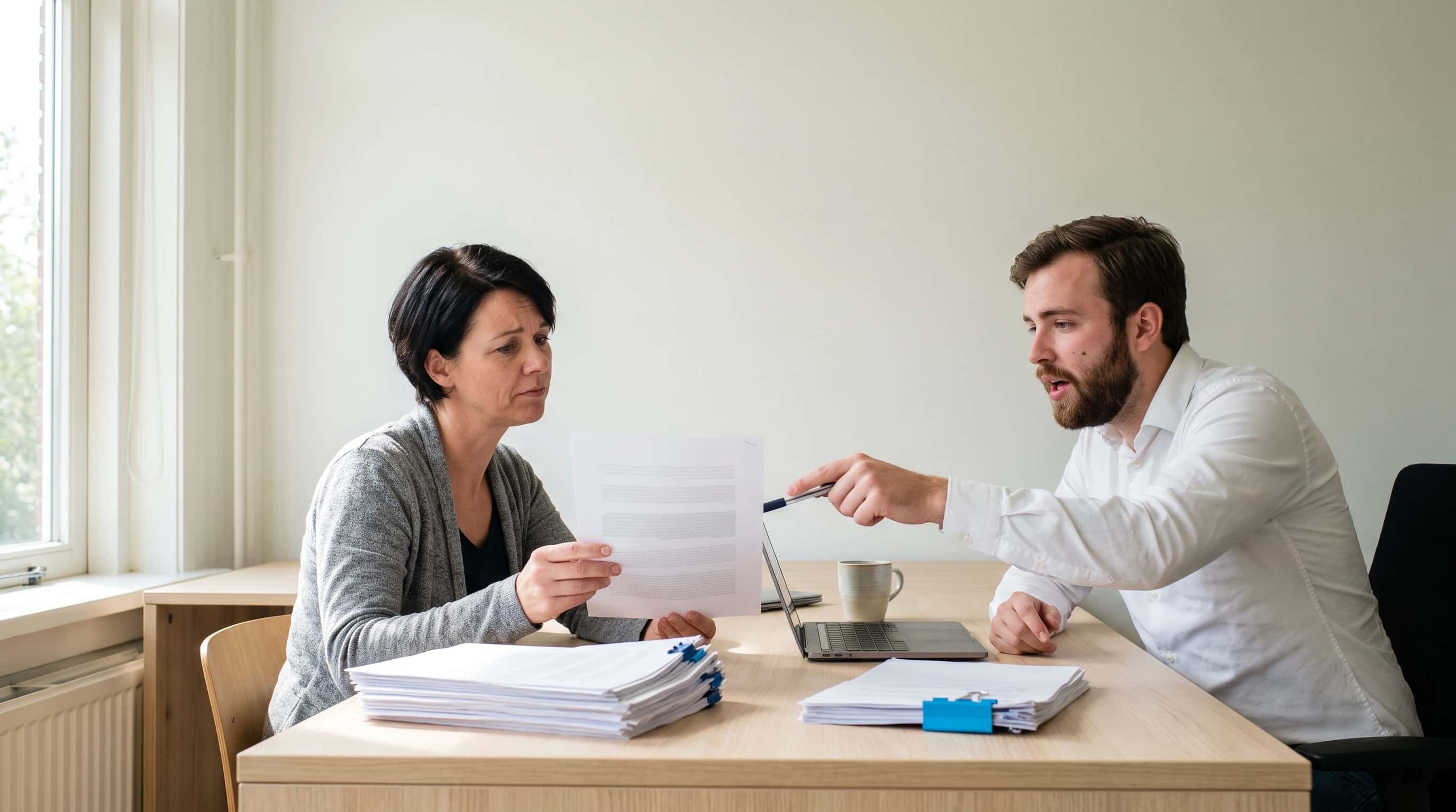 Twee collega’s aan een bureau leggen uitgeprinte procesbeschrijvingen naast elkaar en sorteren ze in twee stapels, een ervan gemarkeerd met een blauwe clip