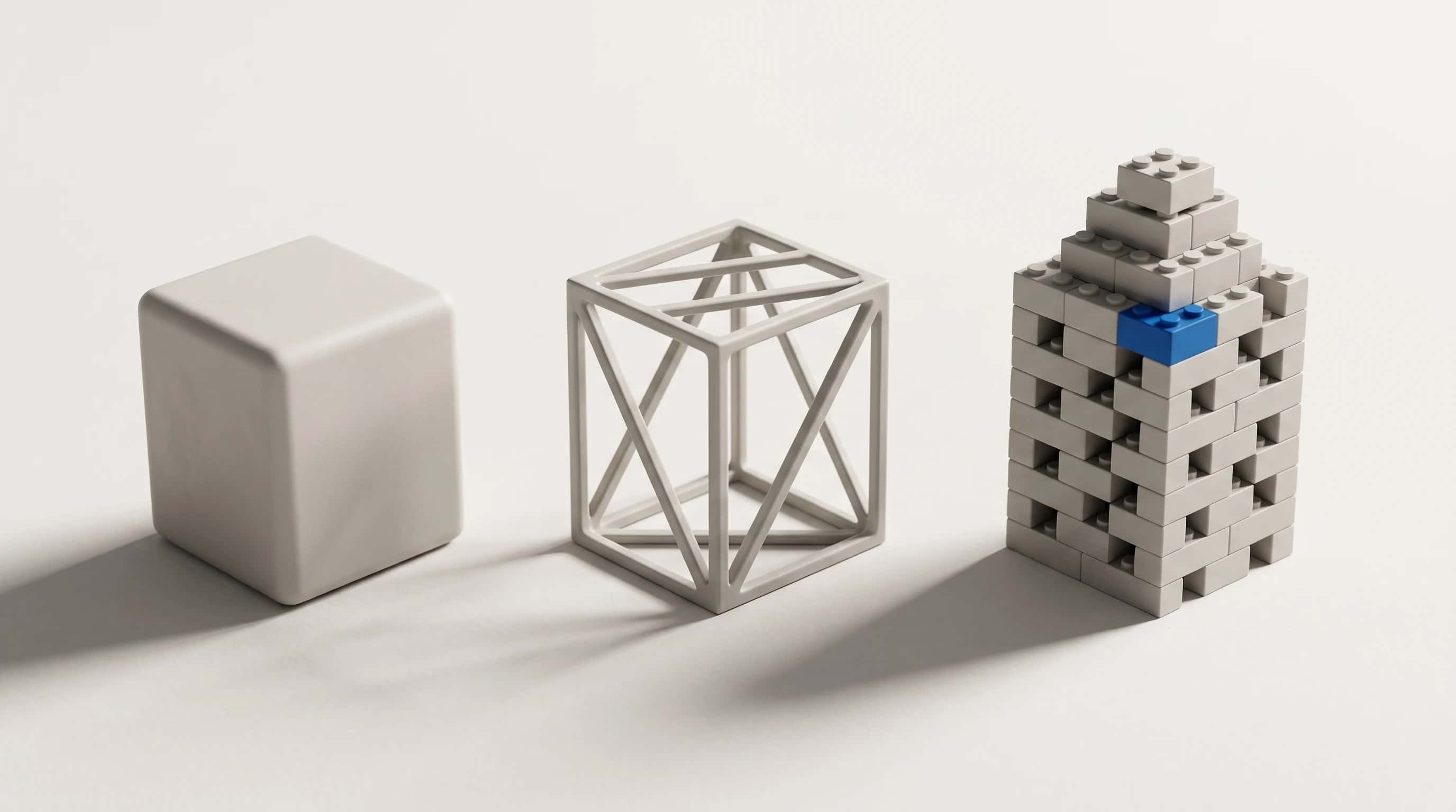 Drie bouwsels op een rij: een massief blok, een open frame en een toren van kleine stenen met één blauwe steen