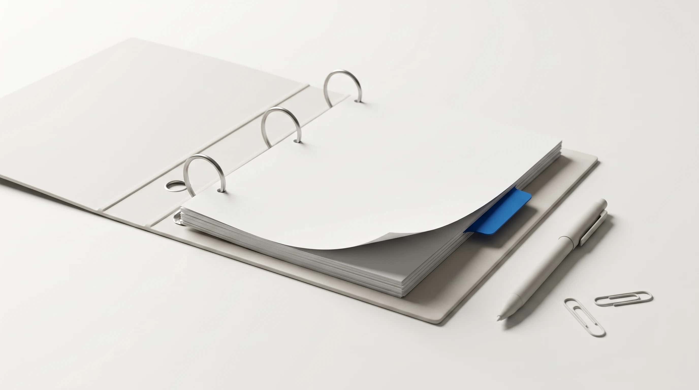 Open ringband met blanco vellen en één blauw tabblad, met een pen en twee paperclips ernaast op een lichte ondergrond