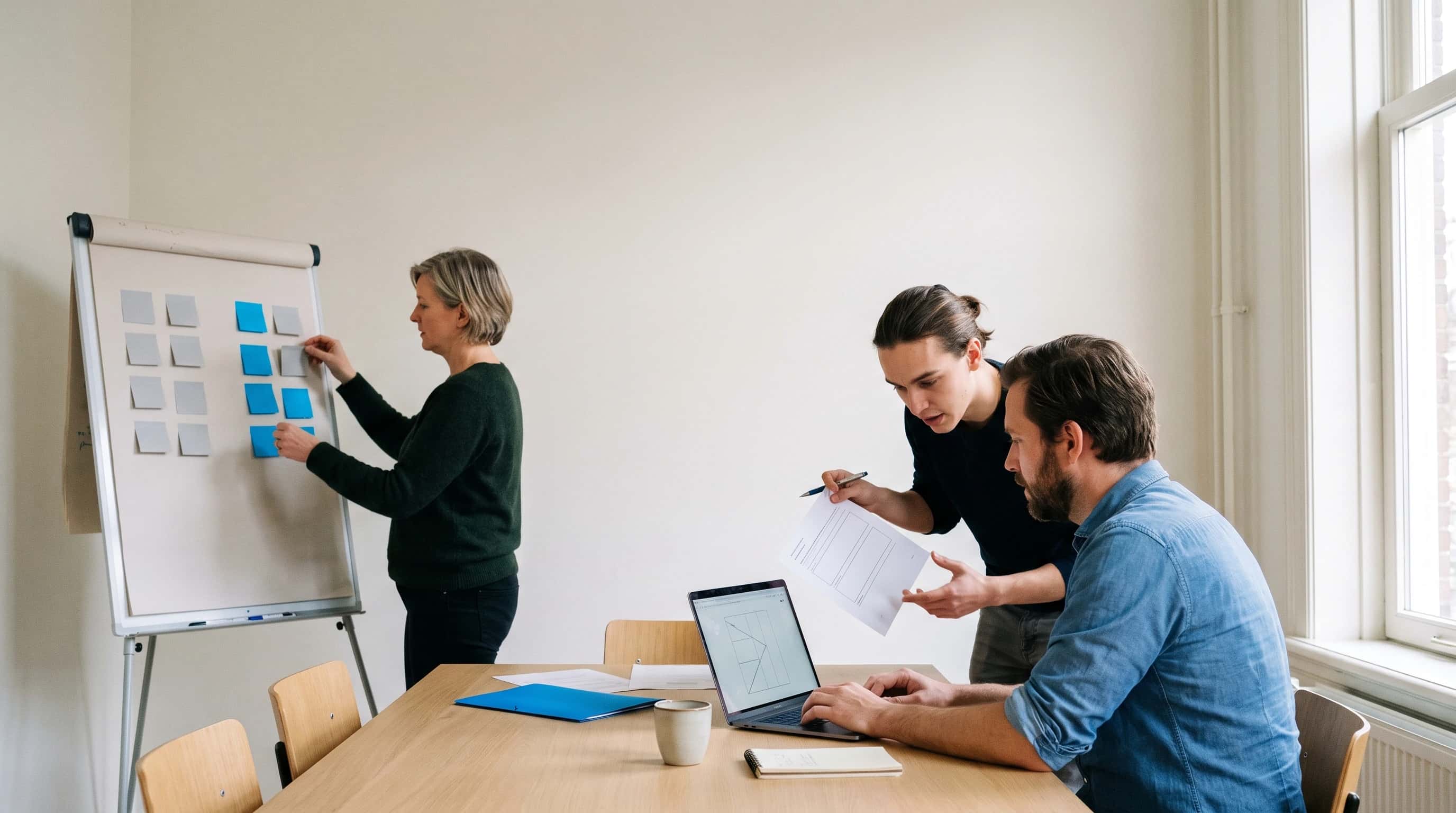 Drie collega’s werken in een klein kantoor aan een beleidsdocument: één schrijft op een flipover met gekleurde memoblaadjes in kolommen, twee overleggen aan tafel bij een laptop en een uitgeprint vel