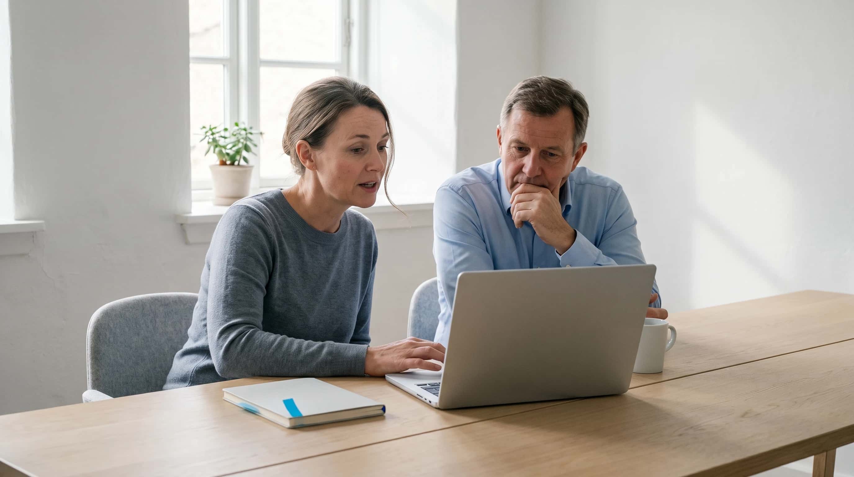 Adviseur en ondernemer kijken samen naar een laptop aan een houten tafel bij het raam