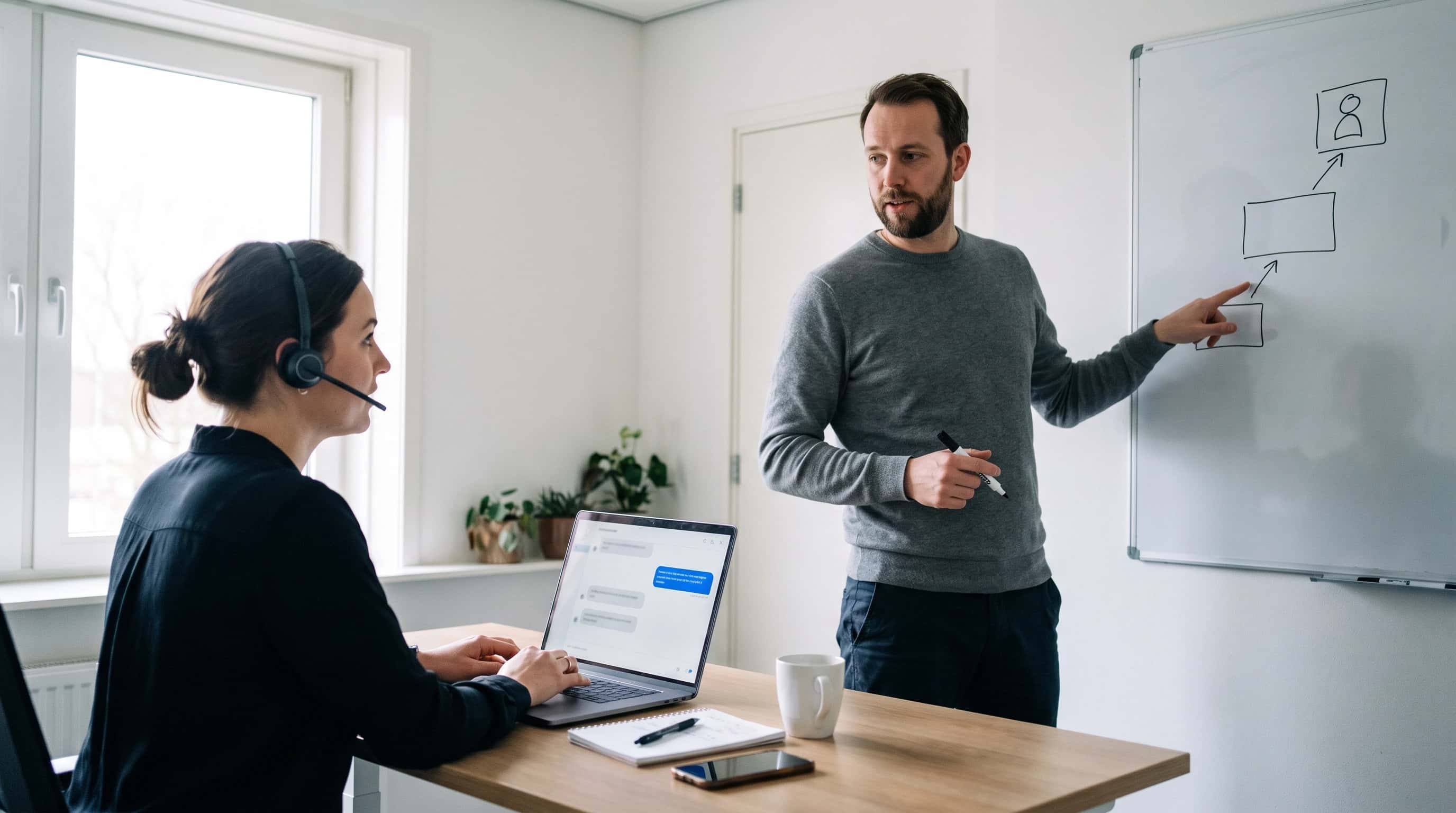 Klantenservicemedewerker met headset beantwoordt een chat op haar laptop terwijl een collega op een whiteboard een trap van drie stappen aanwijst