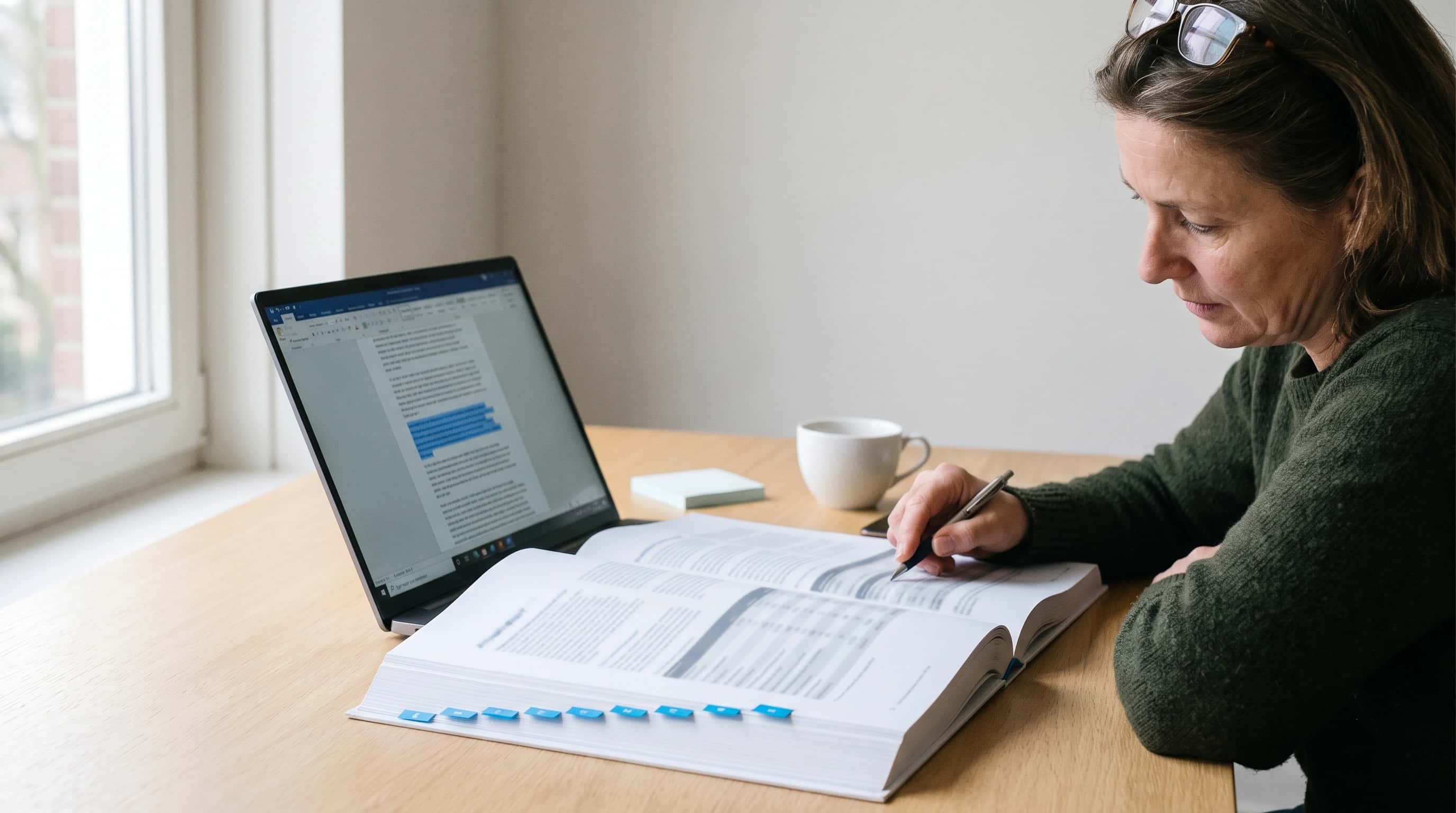 Iemand wijst met een pen naar een tabel in een dik gebonden jaarverslag met blauwe indextabs, naast een laptop waarop een lang document met één gemarkeerde passage openstaat