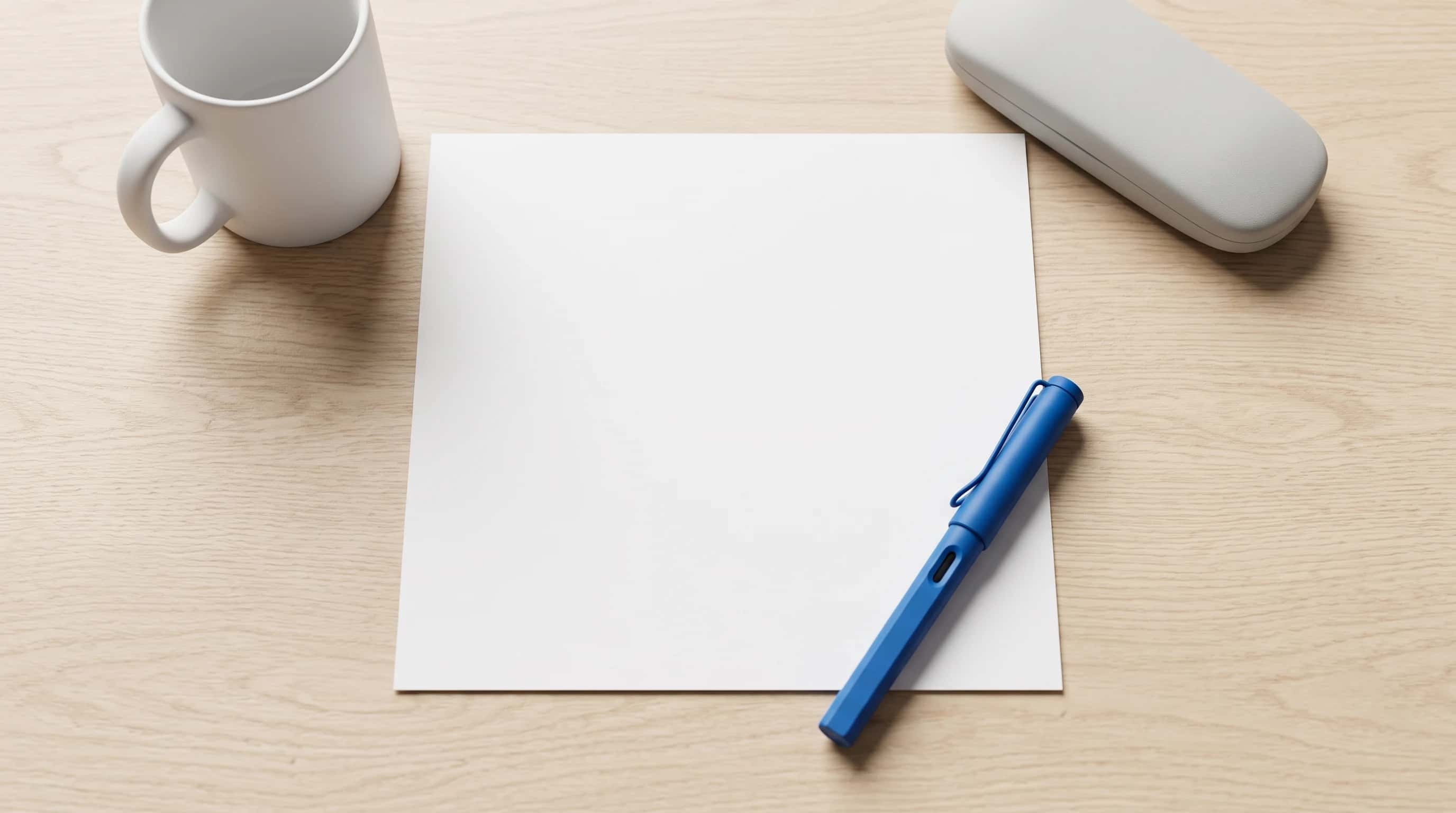 Eén blanco A4 op een licht eiken bureau met een blauwe vulpen, een witte mok en een brillenkoker
