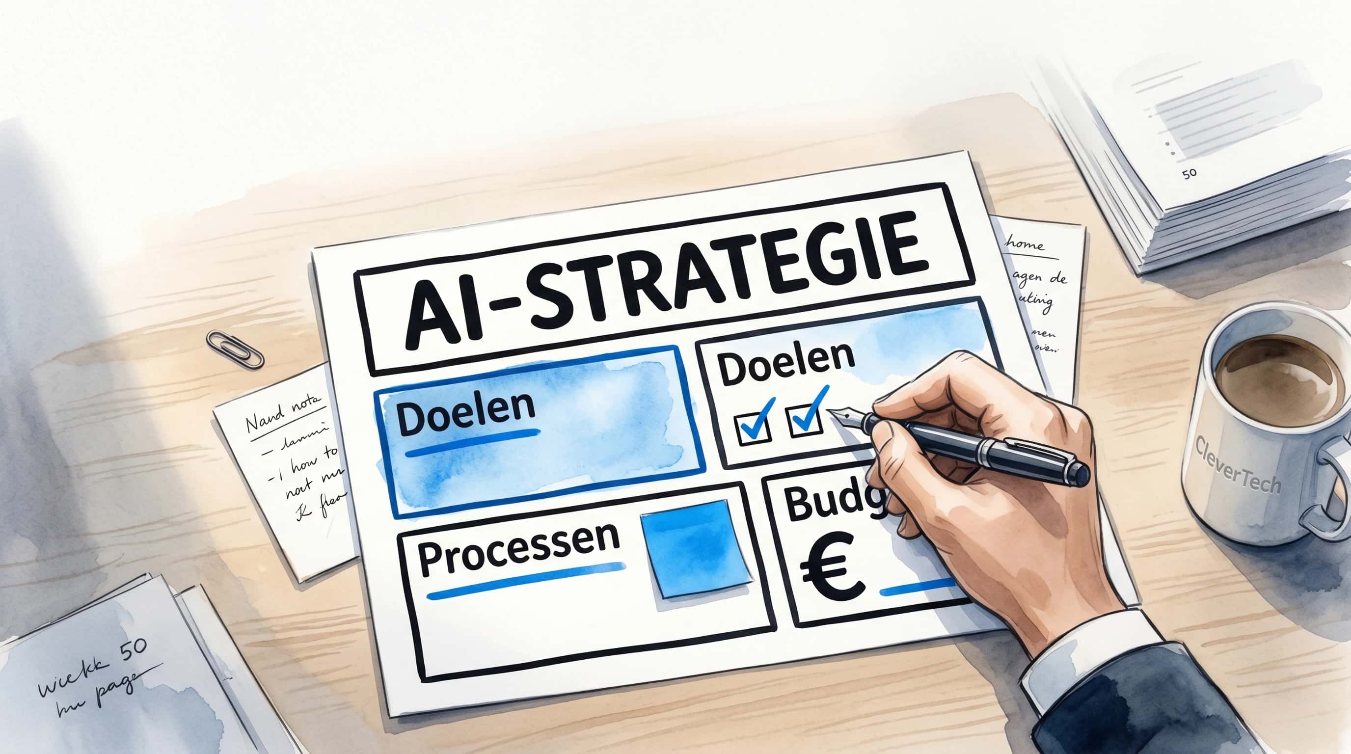Strategiedocument op een bureau met vijf blokken van een AI-strategie canvas voor het MKB