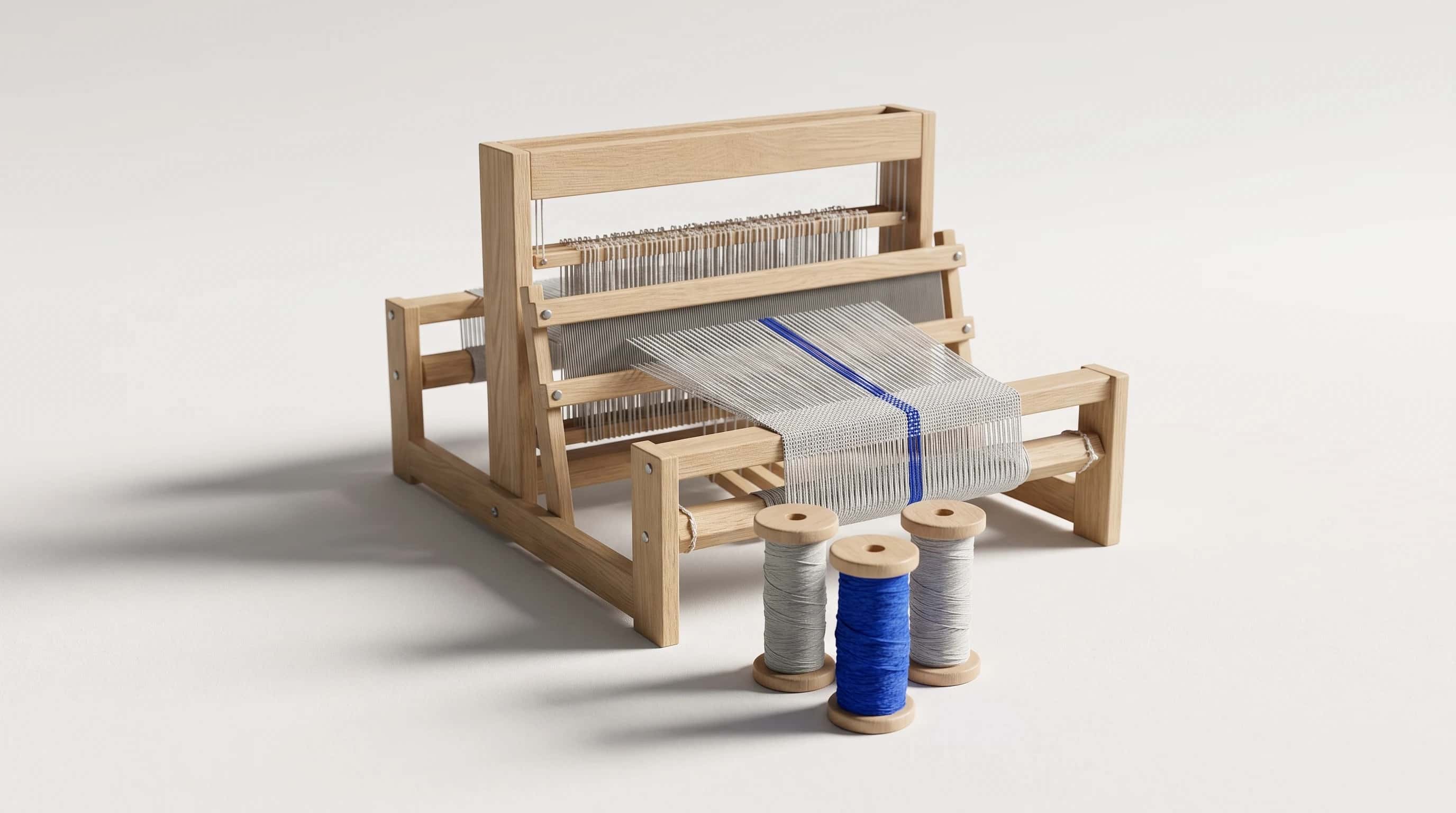 Houten tafelweefgetouw met grijze draden en drie klossen, waarvan één met blauw garen dat als streep in het doek loopt