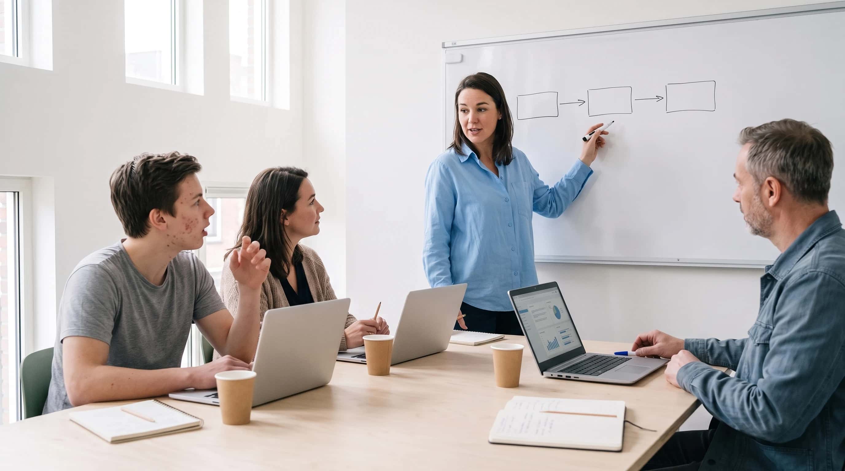 Trainer tekent drie blokken met pijlen op een whiteboard terwijl drie deelnemers met laptops aan tafel meekijken