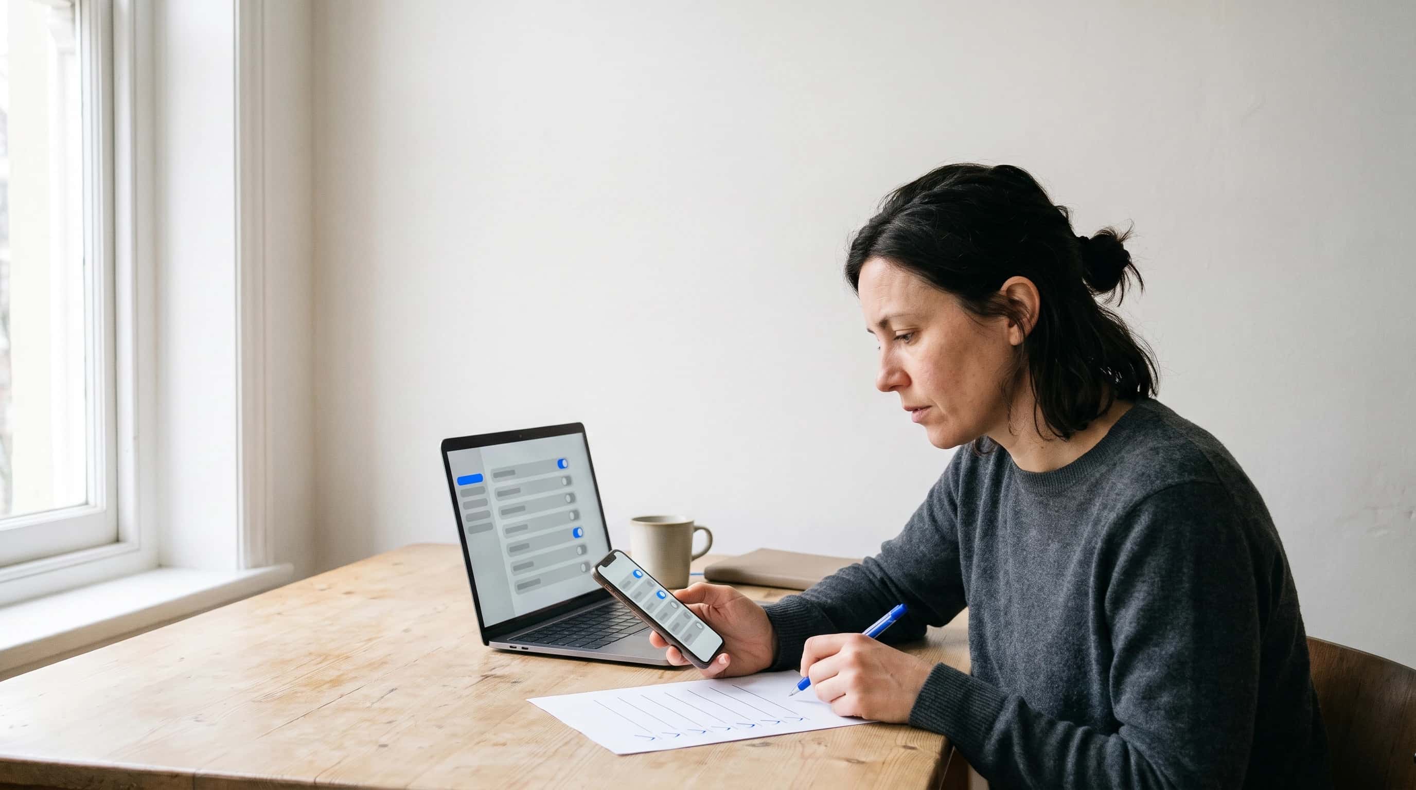 Vrouw aan een bureau loopt privacy-instellingen na: telefoon met een rij schakelaars in haar hand, laptop met instellingenrijen en een papieren checklist met blauwe vinkjes