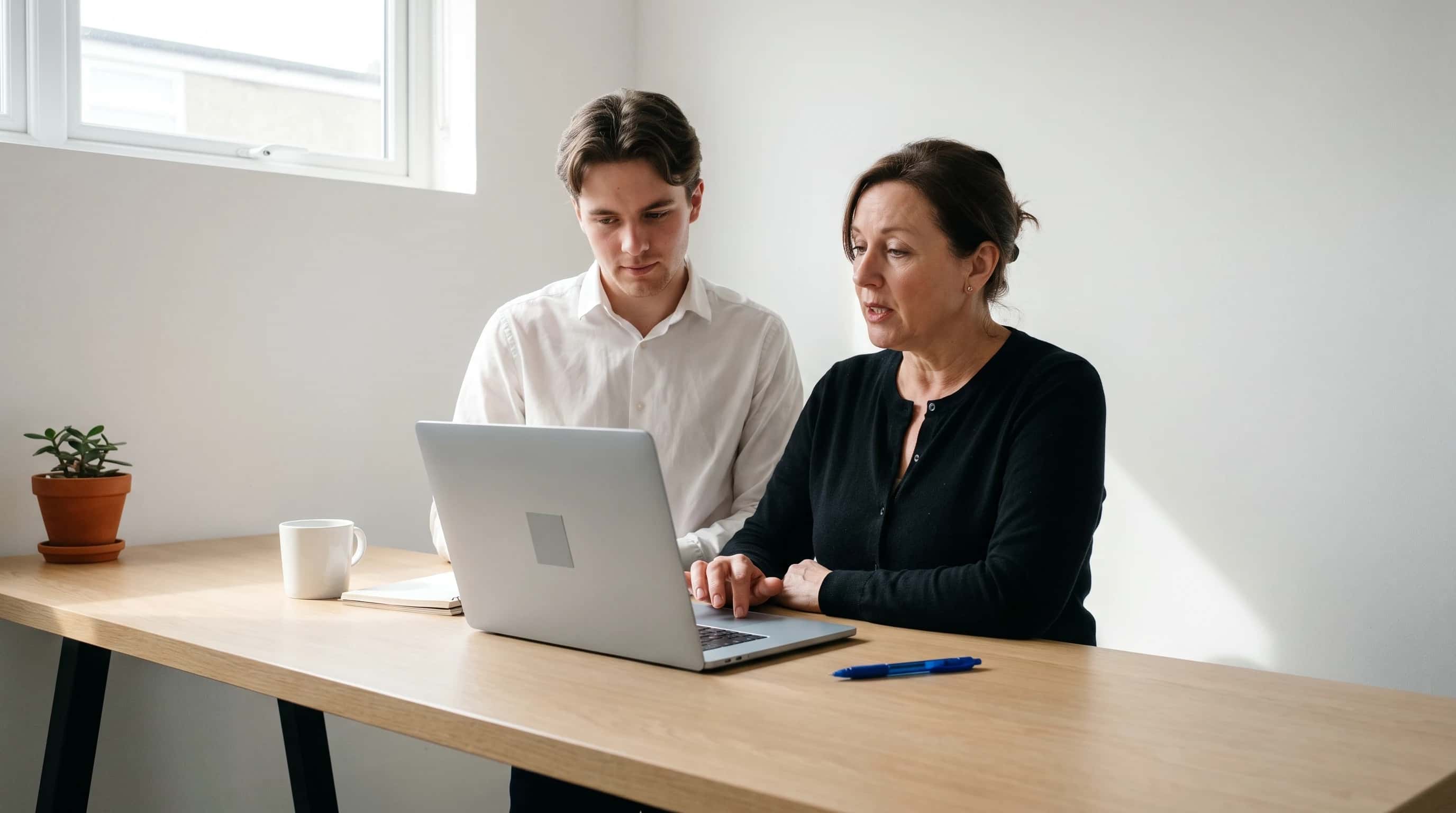 Ondernemer en jonge collega kijken samen naar een laptop aan een hoge eiken werktafel, blauwe pen ernaast