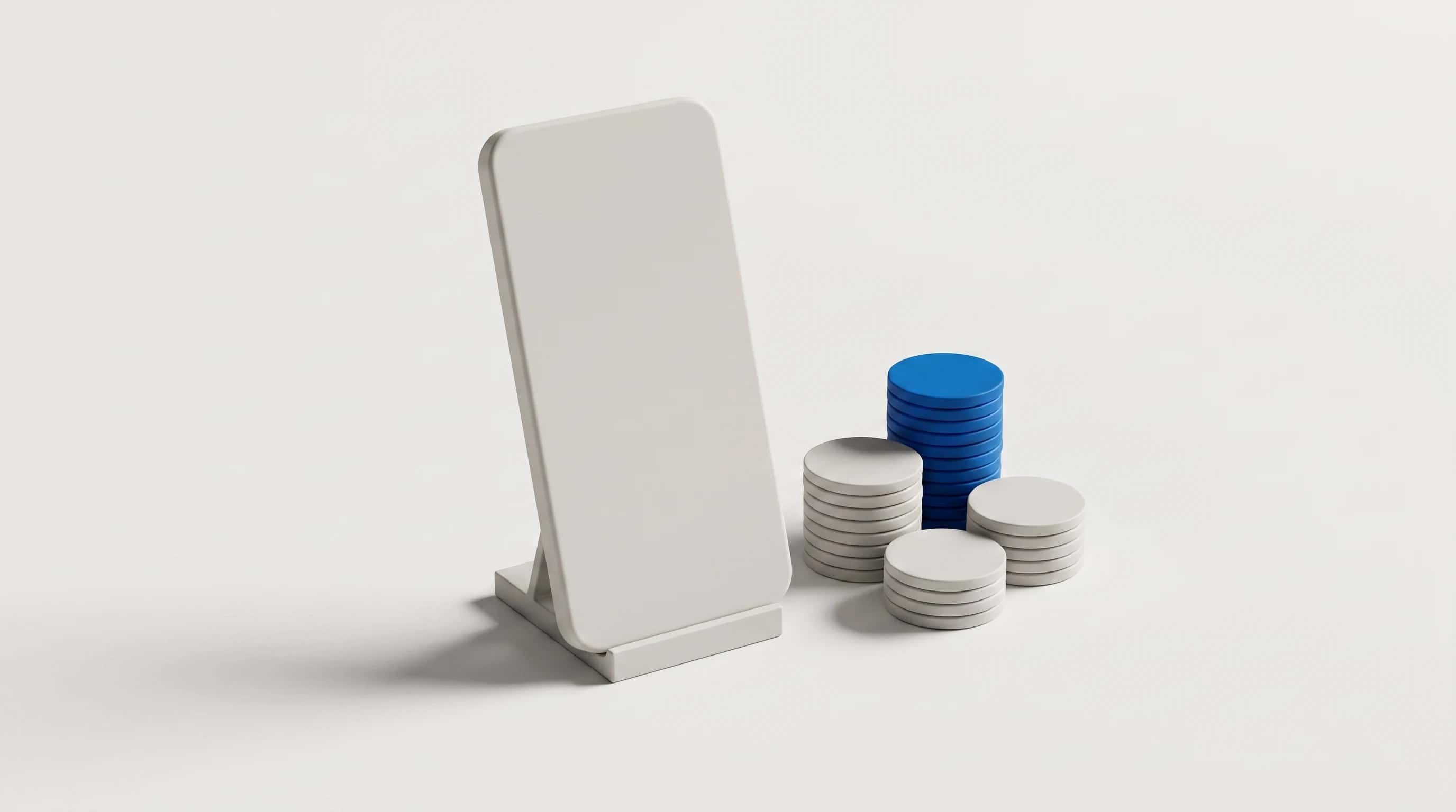 Blanco smartphonevormige plaat op een standaard naast drie stapels schijfjes, de hoogste stapel in blauw