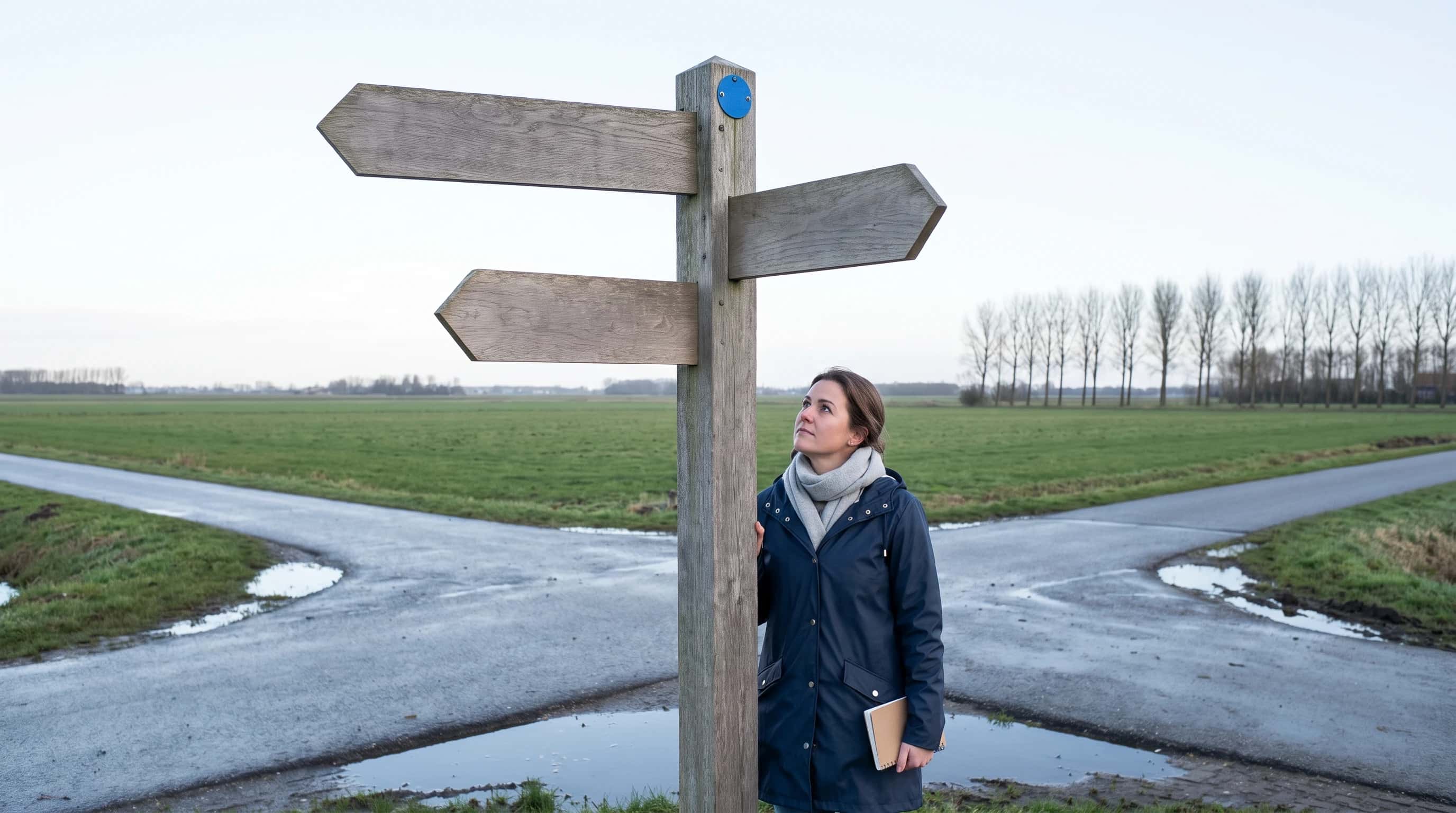 Drie routebordjes op een splitsing van een verhard pad door een Europees landschap, met een vrouw die bij het middelste bordje stilstaat