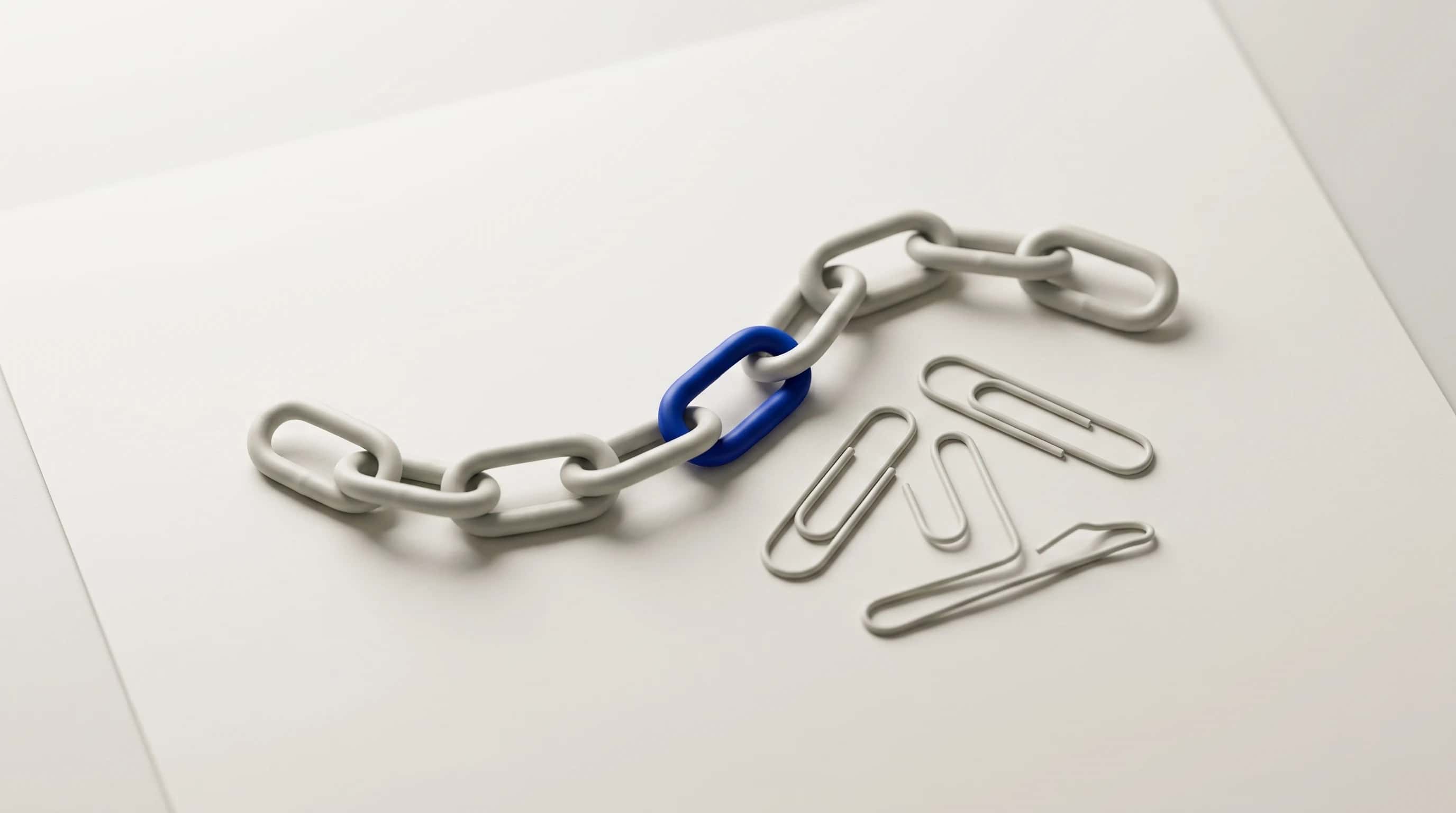 Macro van een grijze ketting met één blauwe schakel naast losse paperclips op ongecoat papier