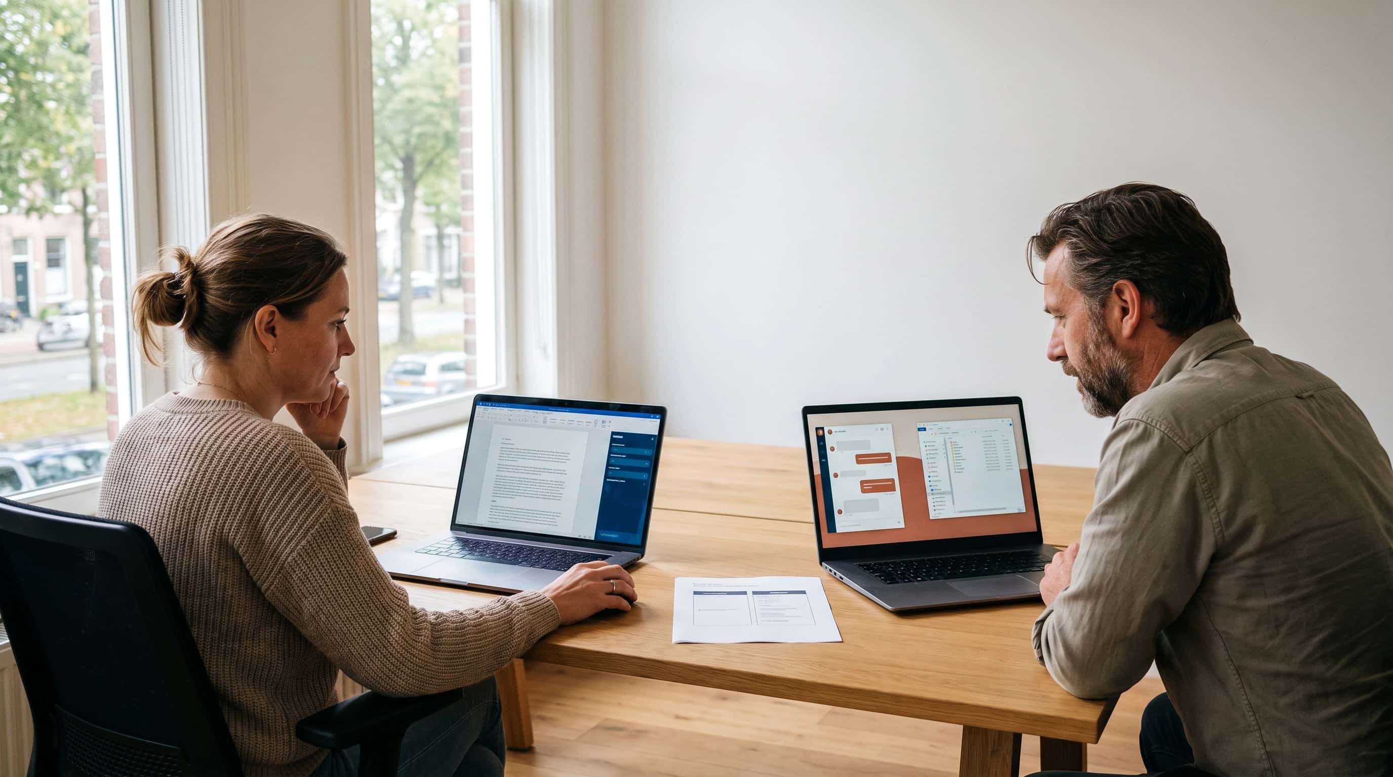 Twee collega's aan een bureau: links een laptop met een AI-zijbalk in een document, rechts een laptop met een los chatvenster naast een mappenoverzicht, met een uitgeprinte vergelijkingstabel ertussen