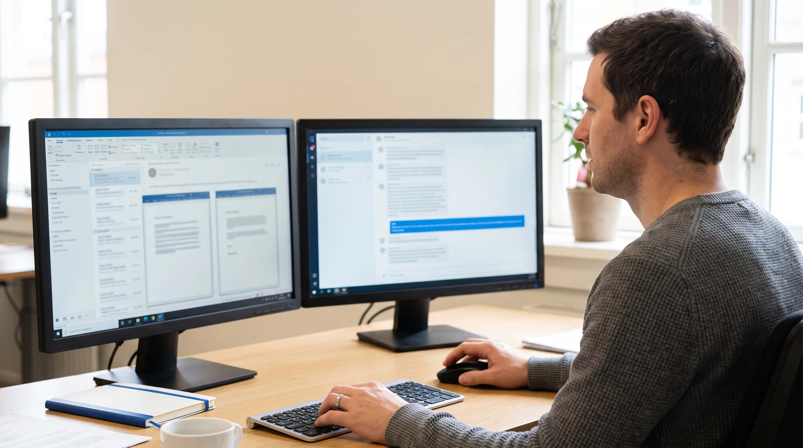 Iemand aan een bureau met twee monitoren naast elkaar, links een mailclient met documentvensters en rechts een kaal chatvenster met één blauw gemarkeerde regel, de hand op de muis tussen beide schermen