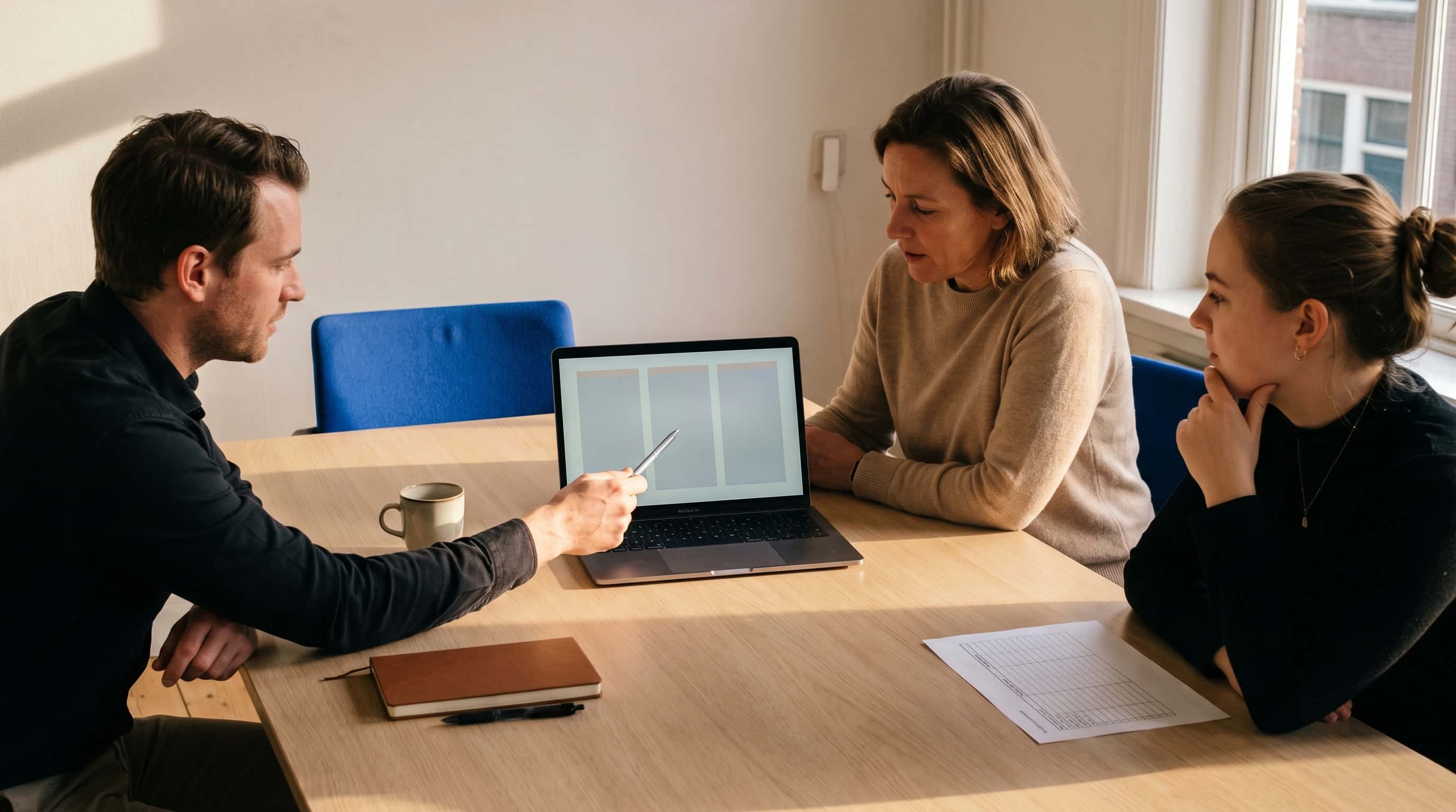 Drie collega's zitten aan een vergadertafel en bekijken op een laptop een schema met drie kolommen, terwijl een van hen met een pen naar de middelste kolom wijst