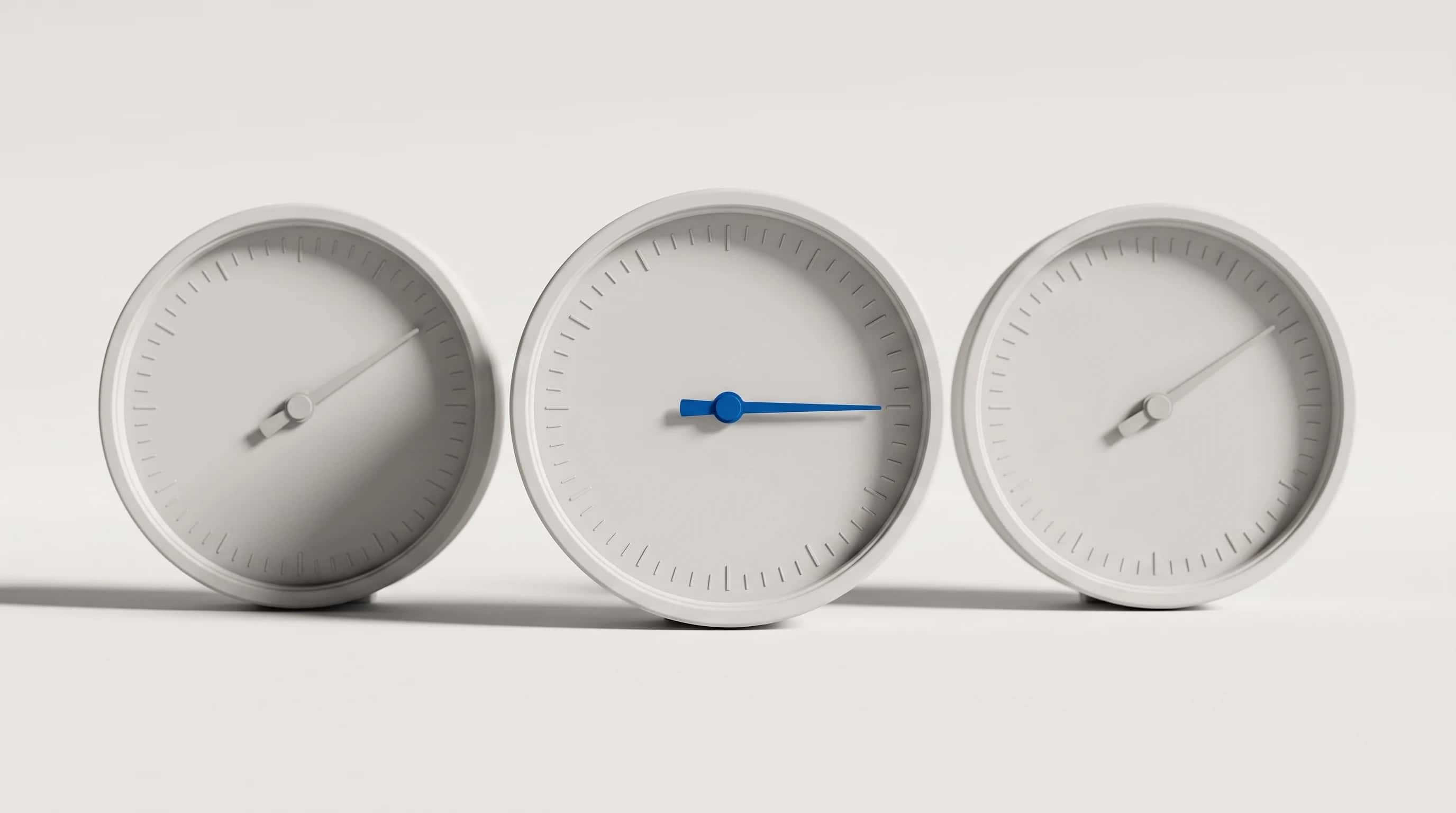Drie ronde meters met alleen streepjes op de wijzerplaat, de middelste met een blauwe naald