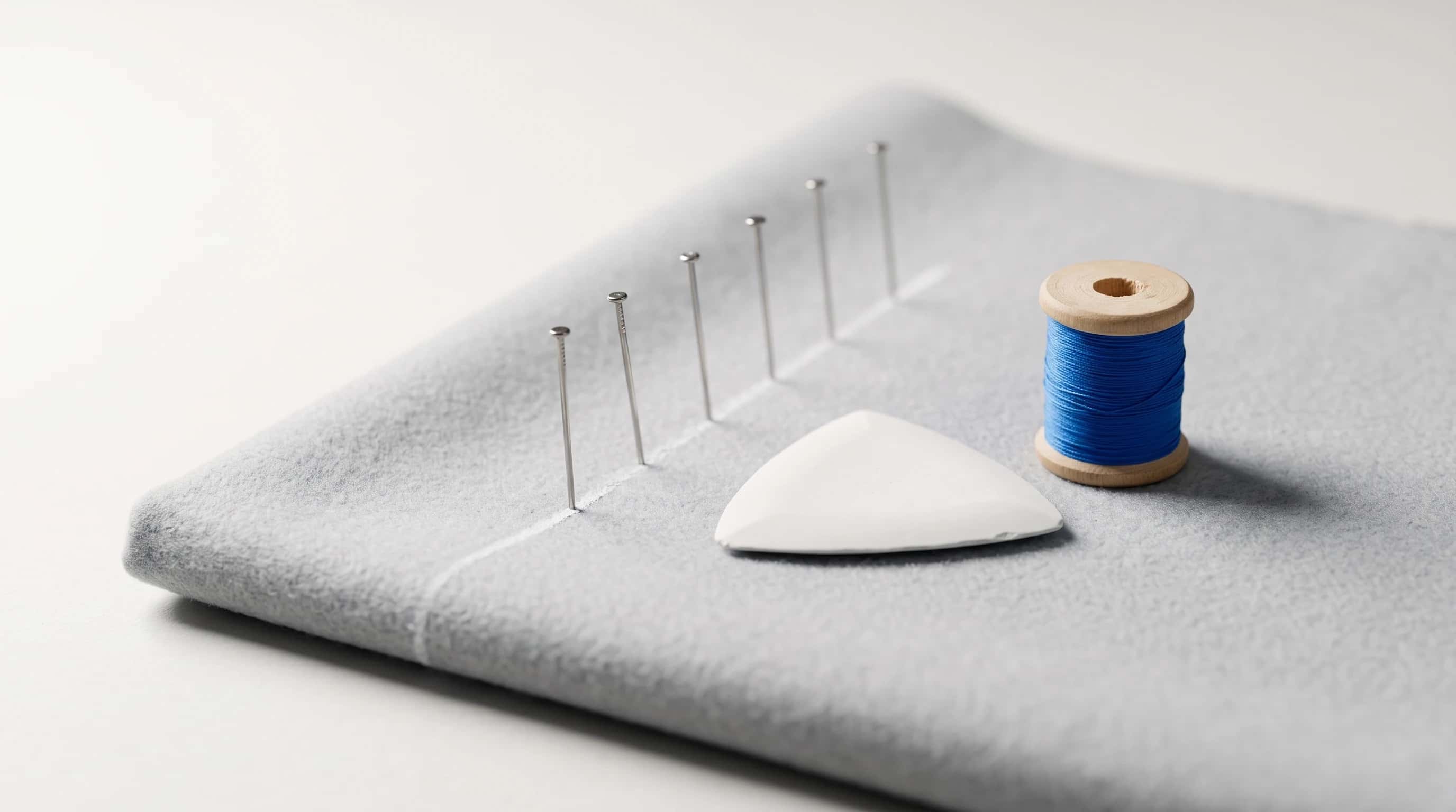 Macro van kleermakersgereedschap op grijze wol: krijt, een rij spelden langs een krijtlijn en een klosje blauw garen