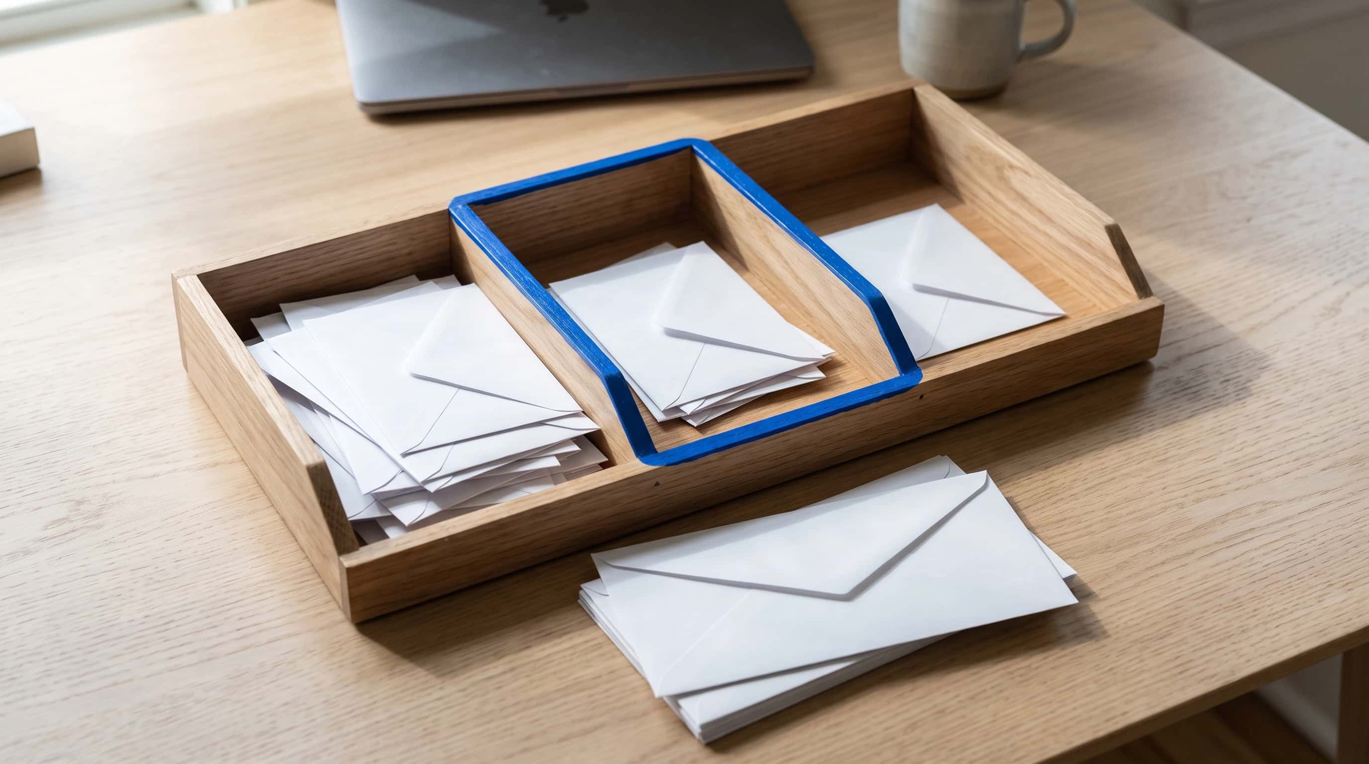 Een houten sorteerbak met drie vakken op een bureau, enveloppen verdeeld over de vakken met de meeste in het ondiepe vak, het middelste vak met een blauwe rand, een dichte laptop op de achtergrond