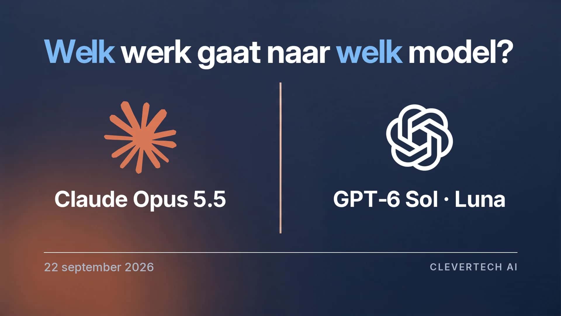 Donkerblauwe poster met twee merktekens van AI-leveranciers en hun modelnamen, gescheiden door een dunne verticale lijn, onder de vraag welk werk naar welk model gaat