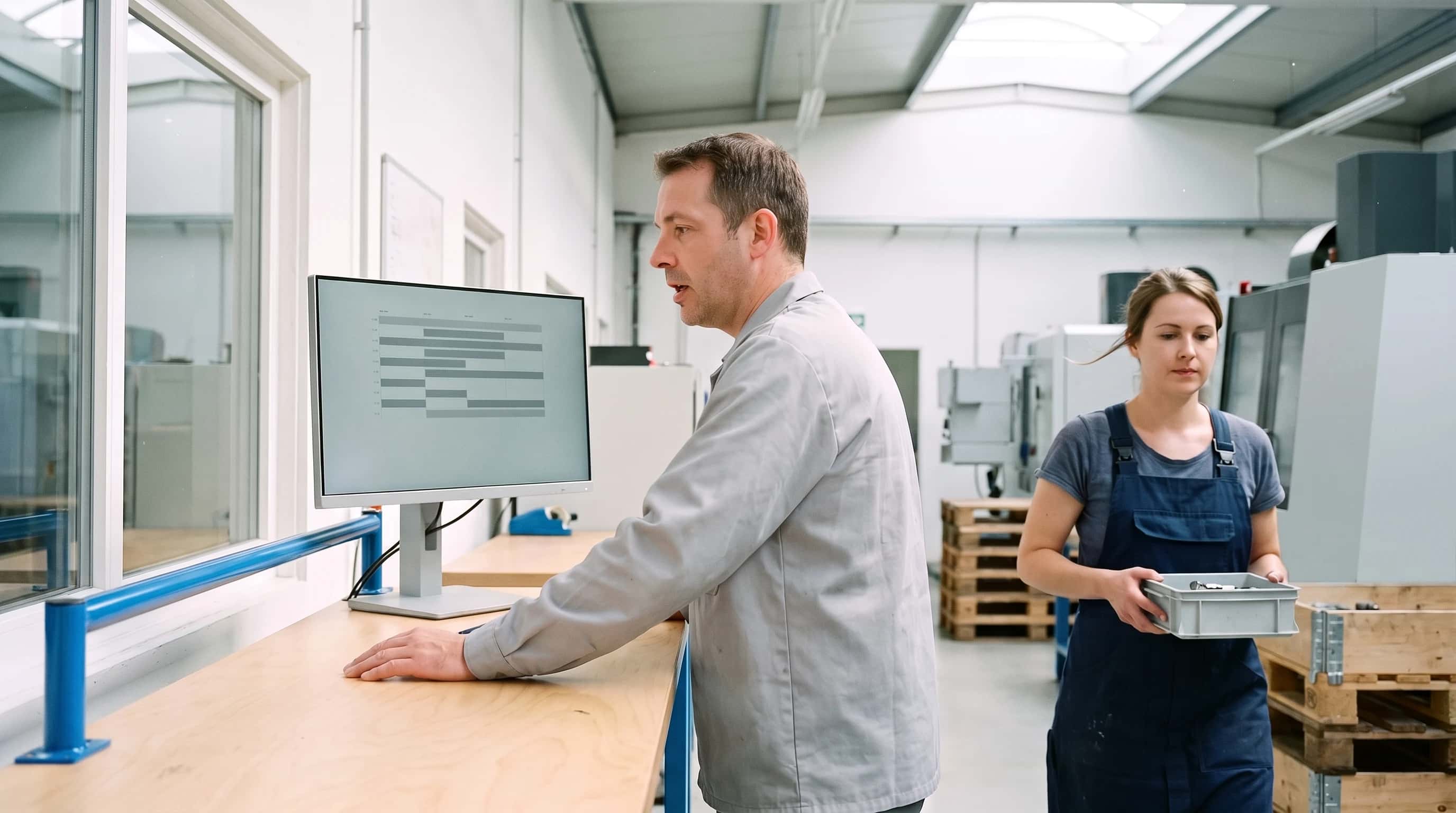 Planner aan een sta-bureau met een monitor vol grijze planbalken aan de rand van een lichte machinehal