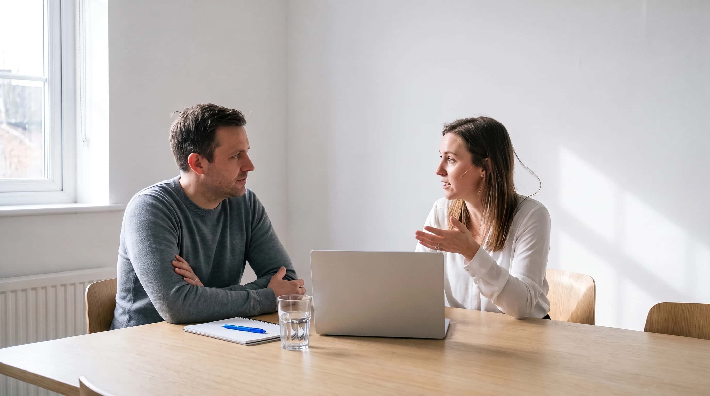 Ondernemer en adviseur in gesprek aan een eiken vergadertafel met een laptop tussen hen in