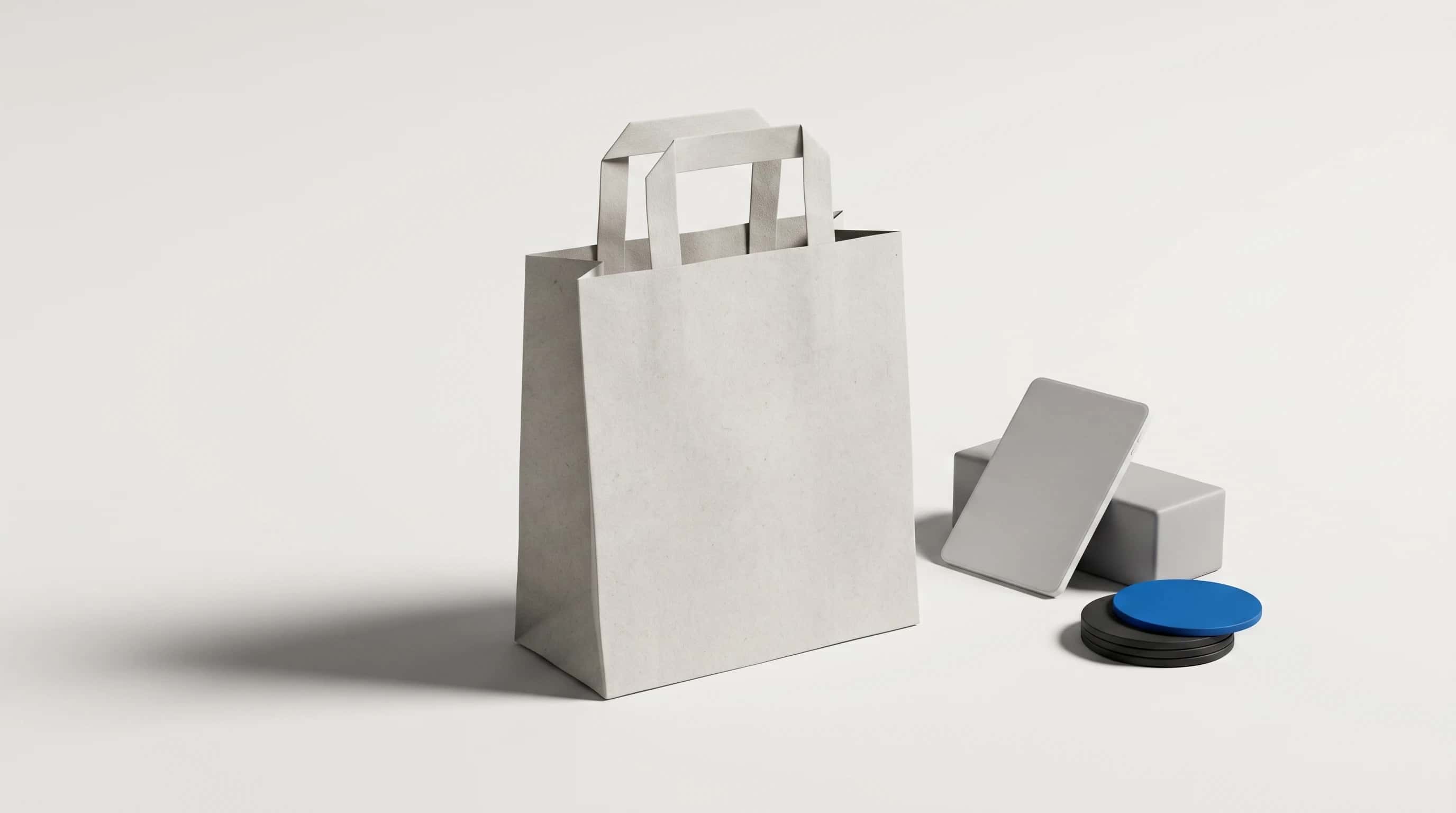 Blanco papieren draagtas naast een tabletvormig plaatje en een stapeltje schijfjes met een blauwe bovenop