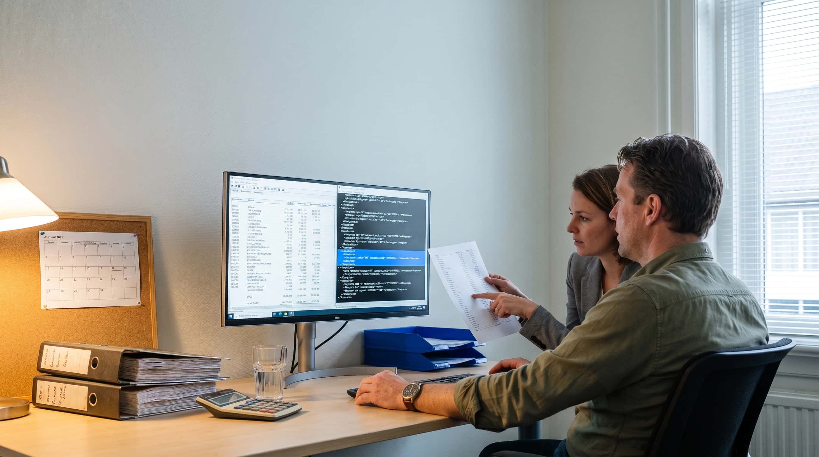 Twee collega’s bekijken op een monitor een grootboekoverzicht naast het XML-log van een boekhoudkoppeling