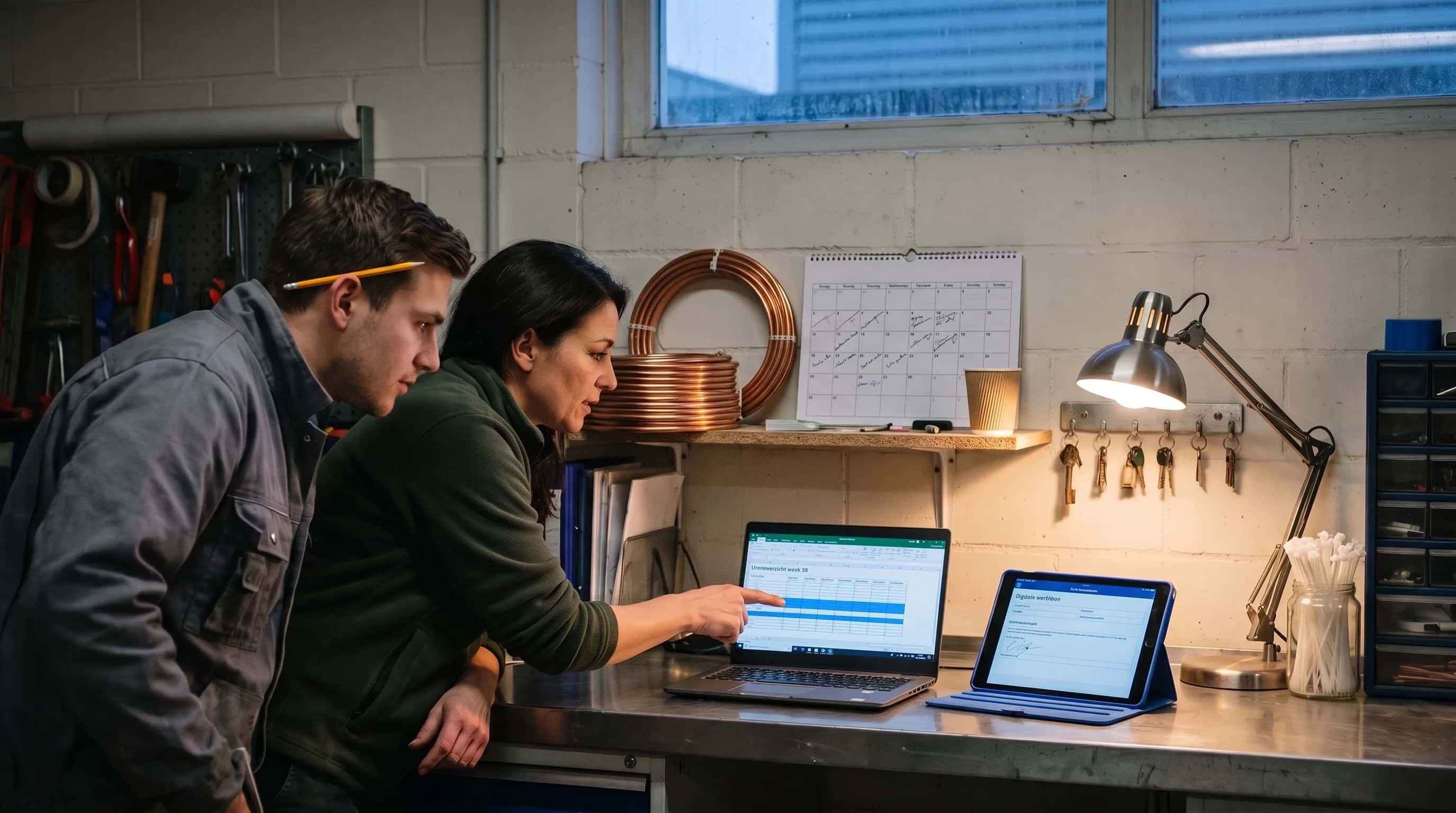 Werkvoorbereider en monteur kijken samen op een laptop naar een urenoverzicht met toeslagregels, met een tablet met werkbon ernaast