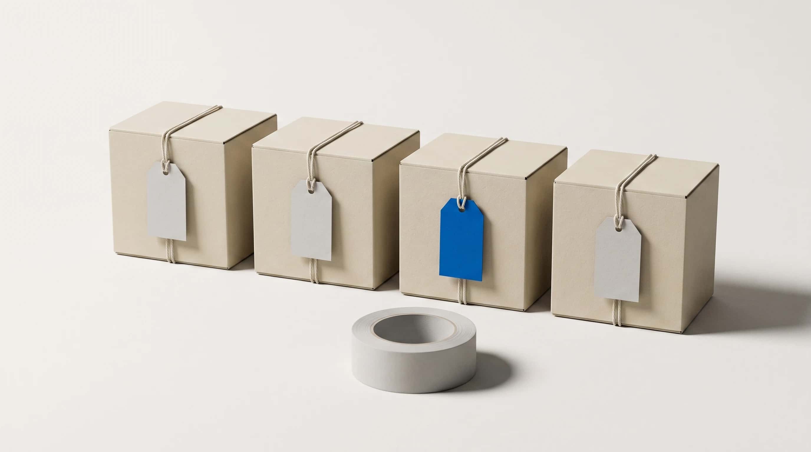Vier kartonnen doosjes op een rij met blanco labels, het derde label in blauw, tape ervoor