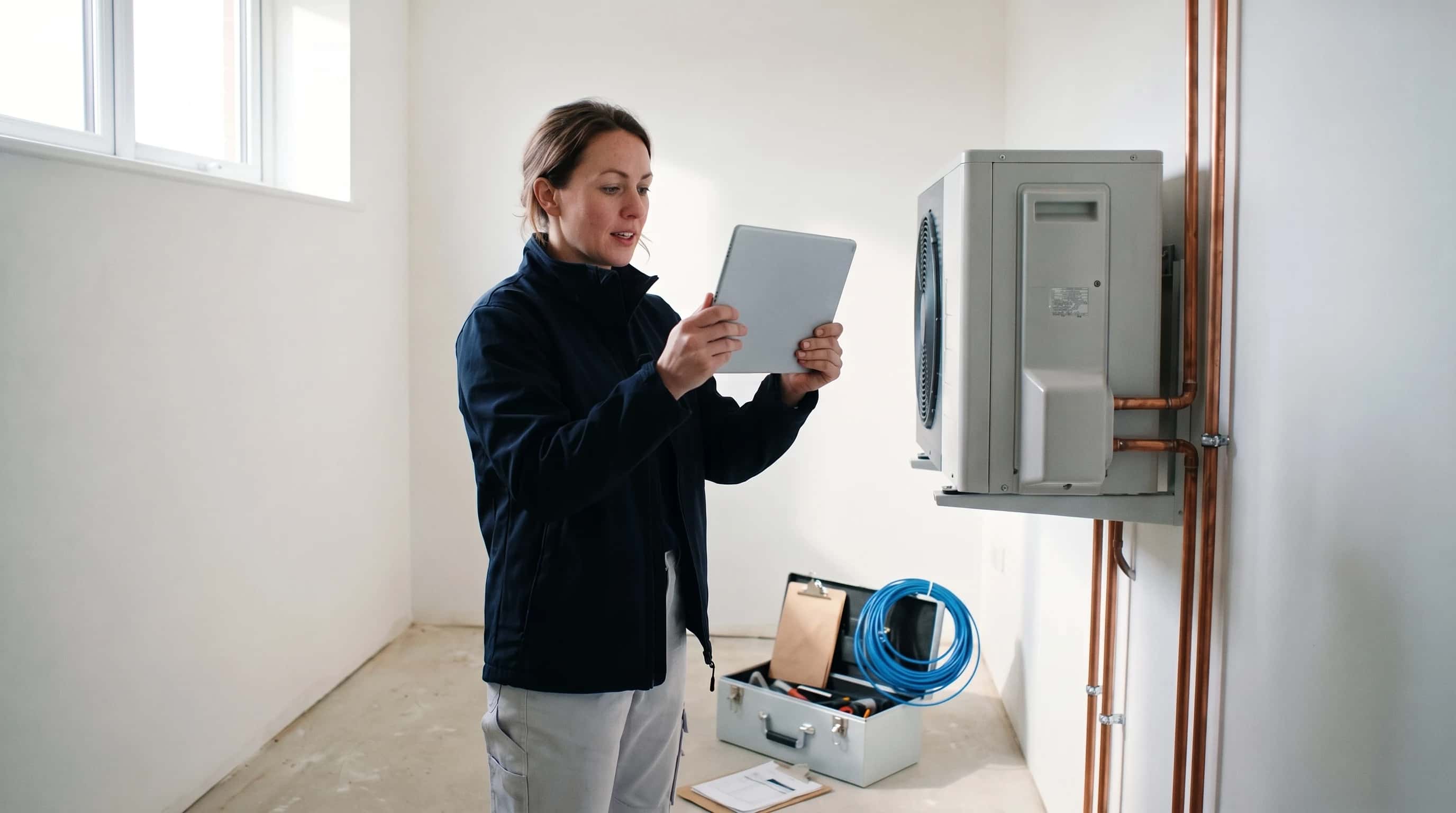 Installateur fotografeert een warmtepomp met een tablet in een lichte technische ruimte, gereedschapskist op de vloer