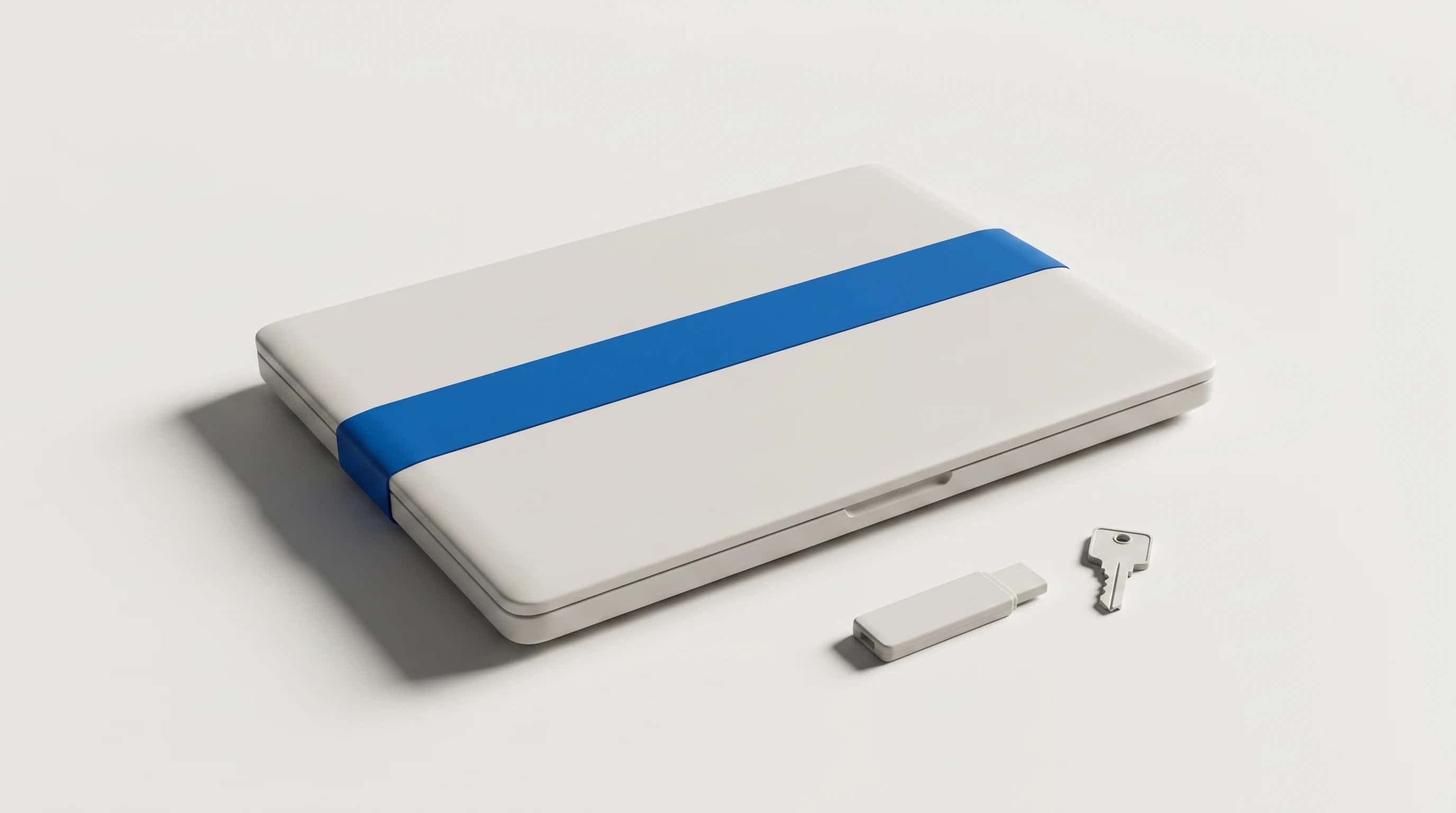 Gesloten matte laptop verzegeld met een blauwe band, een usb-stick en een sleutel ernaast