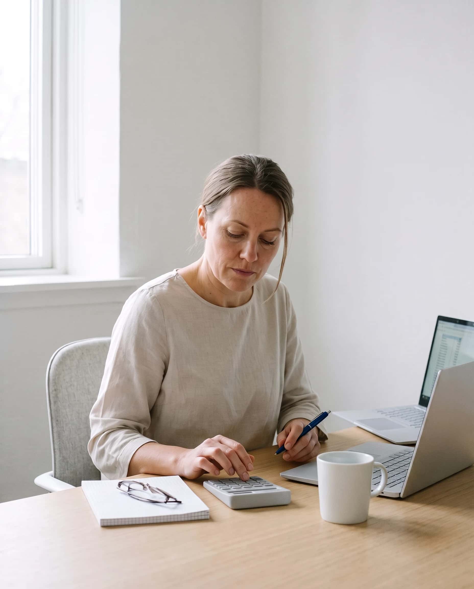 Accountant tikt een bedrag op een rekenmachine aan een licht bureau, met papier, leesbril en laptop naast zich.