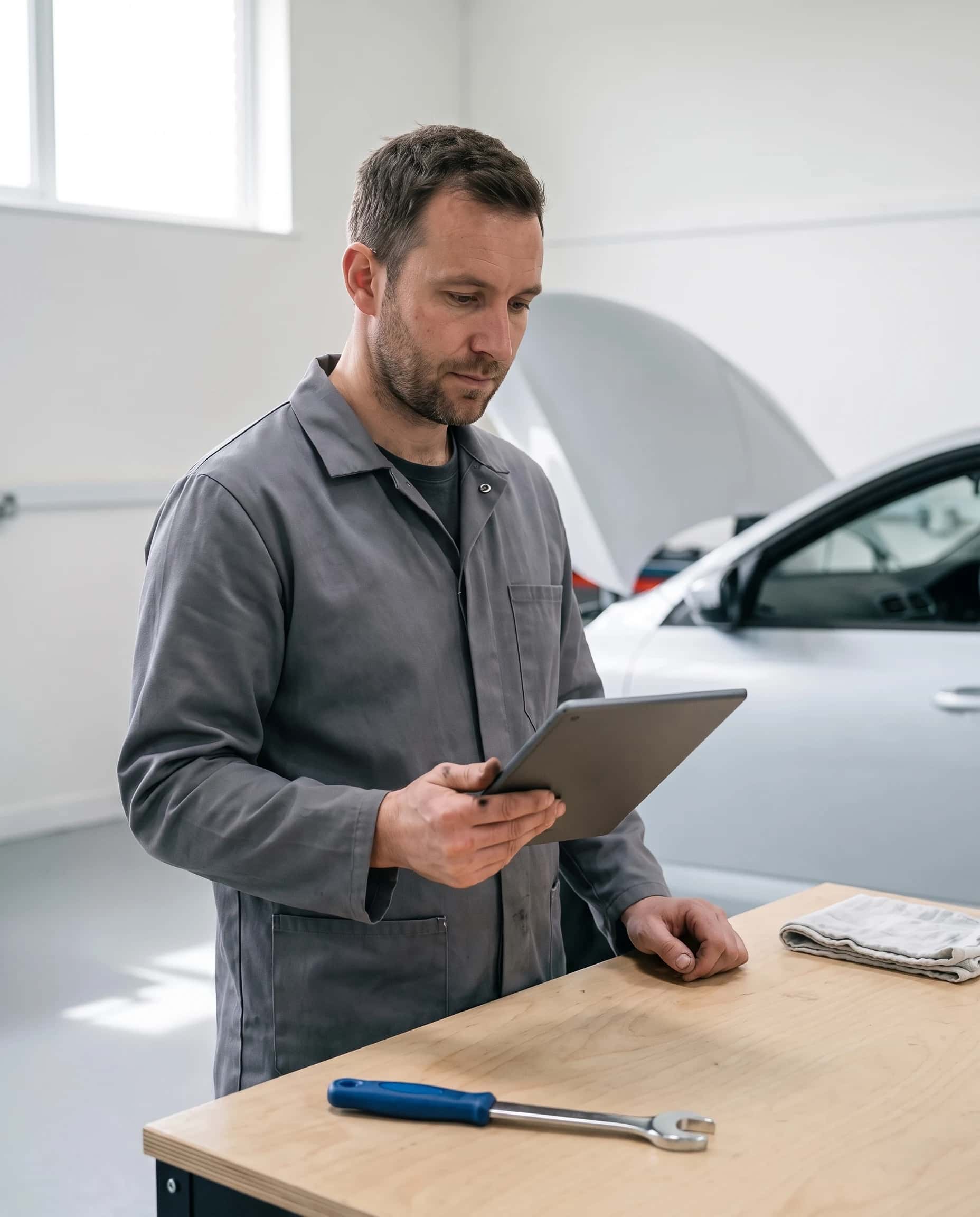 Automonteur leest een tablet aan een lichte werkbank, met de motorkap van een auto open op de achtergrond.