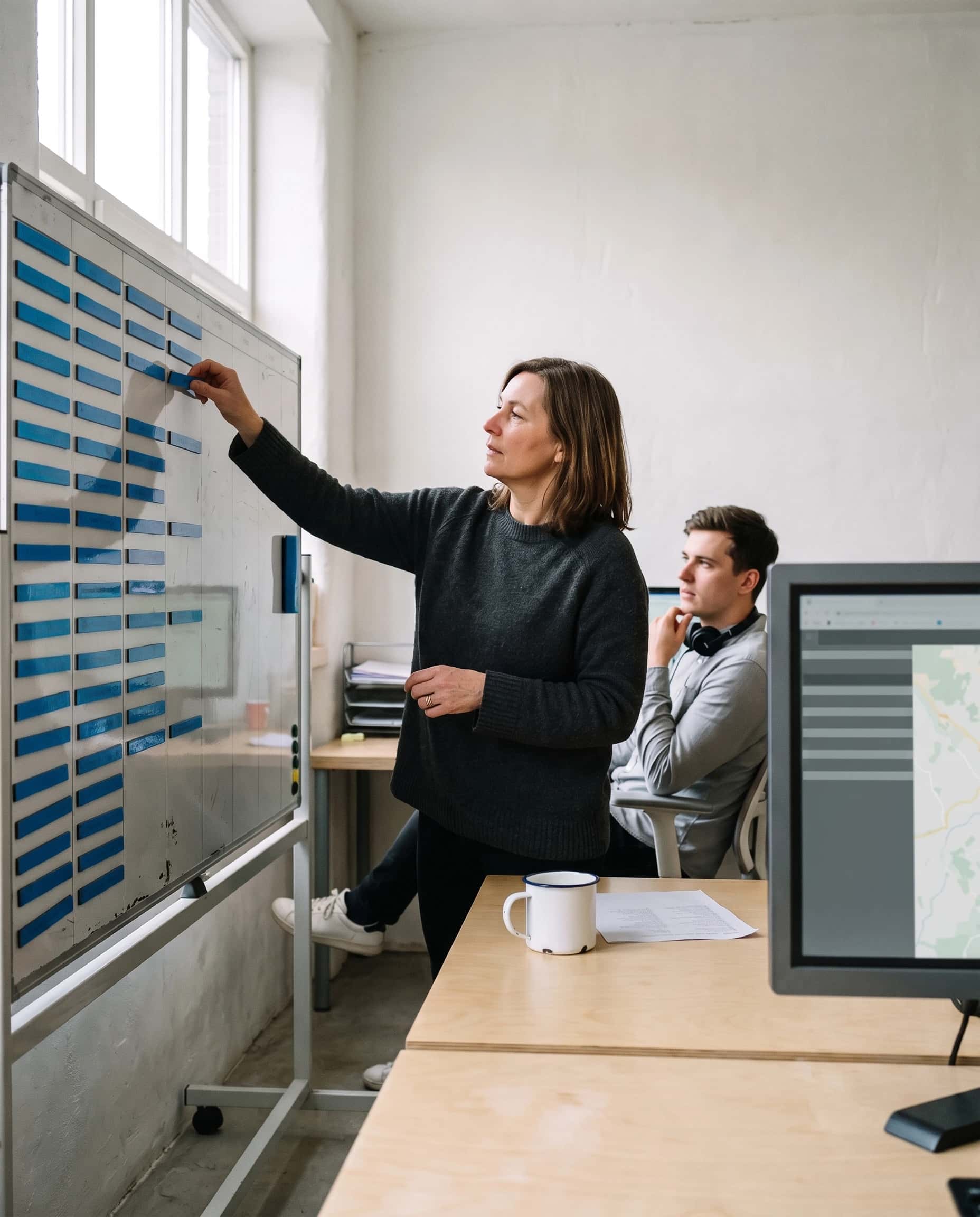 Planner reikt naar een magnetisch planbord vol gekleurde ritstroken, terwijl een collega met headset aan een bureau een ritlijst en een routekaart op twee schermen volgt.