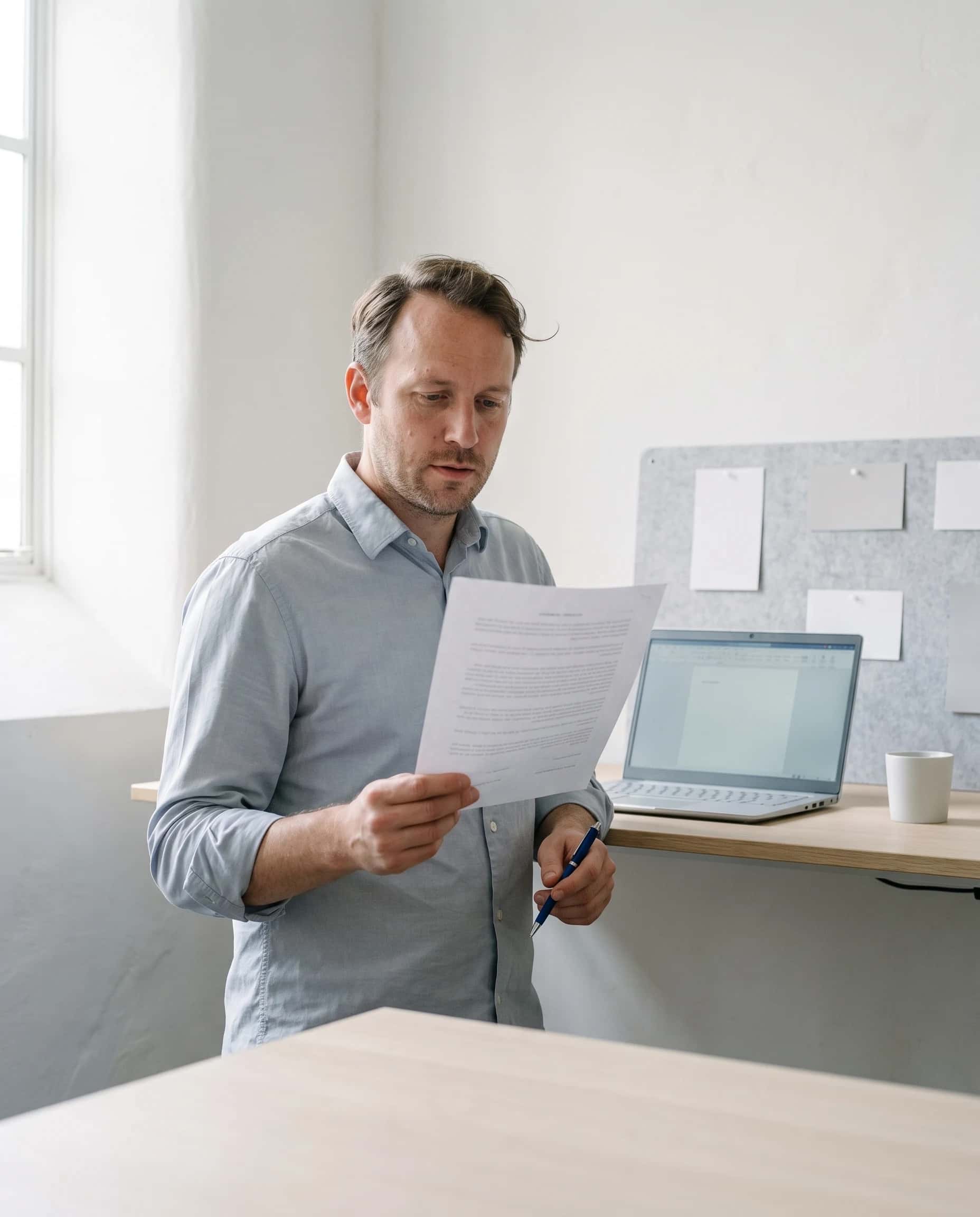 Adviseur leest een geprint contract bij een zit-stabureau in een licht kantoor, met laptop en prikbord ernaast.