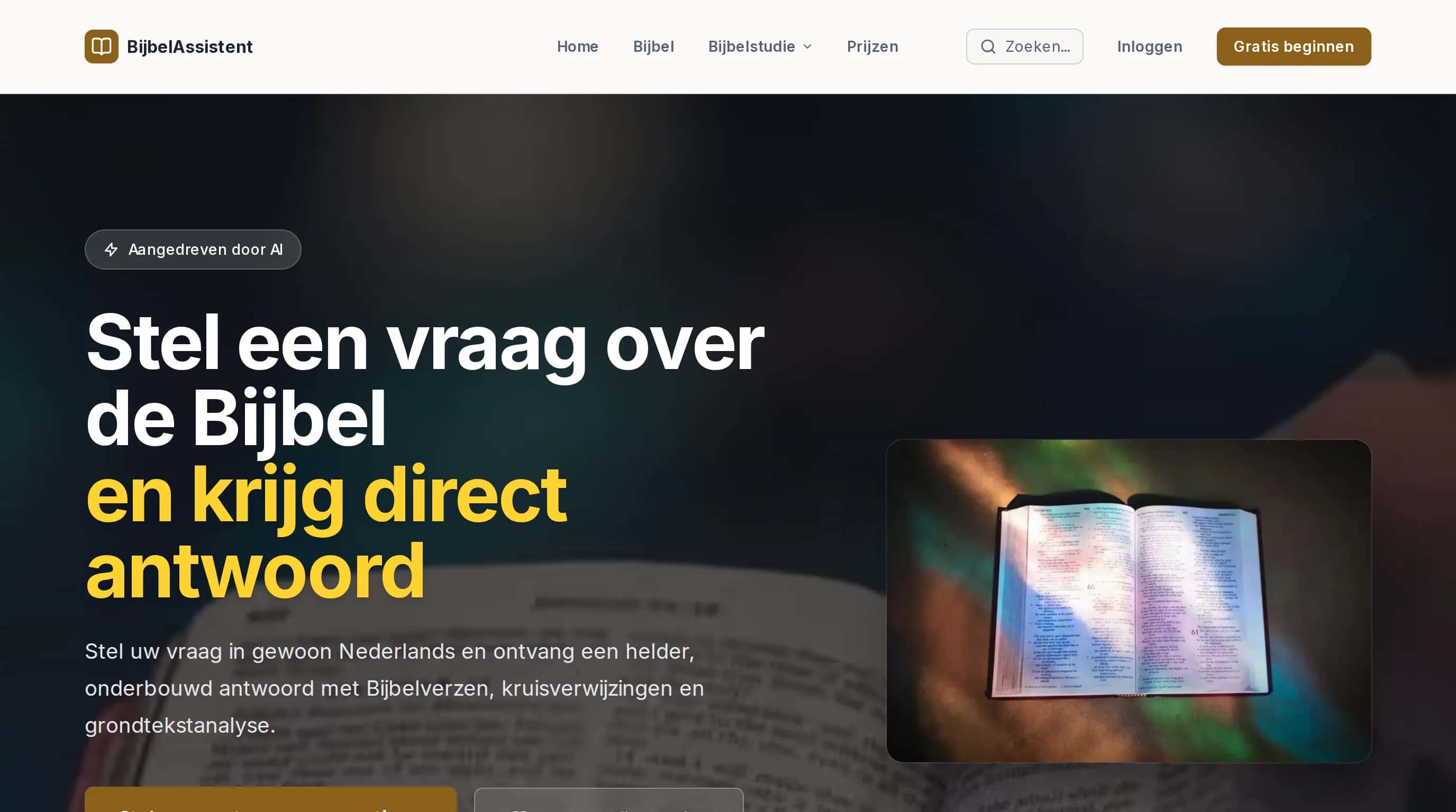 Schermafbeelding van Bijbel Assistent: AI-chat over Bijbelteksten met bronvermelding en meerdere vertalingen naast elkaar