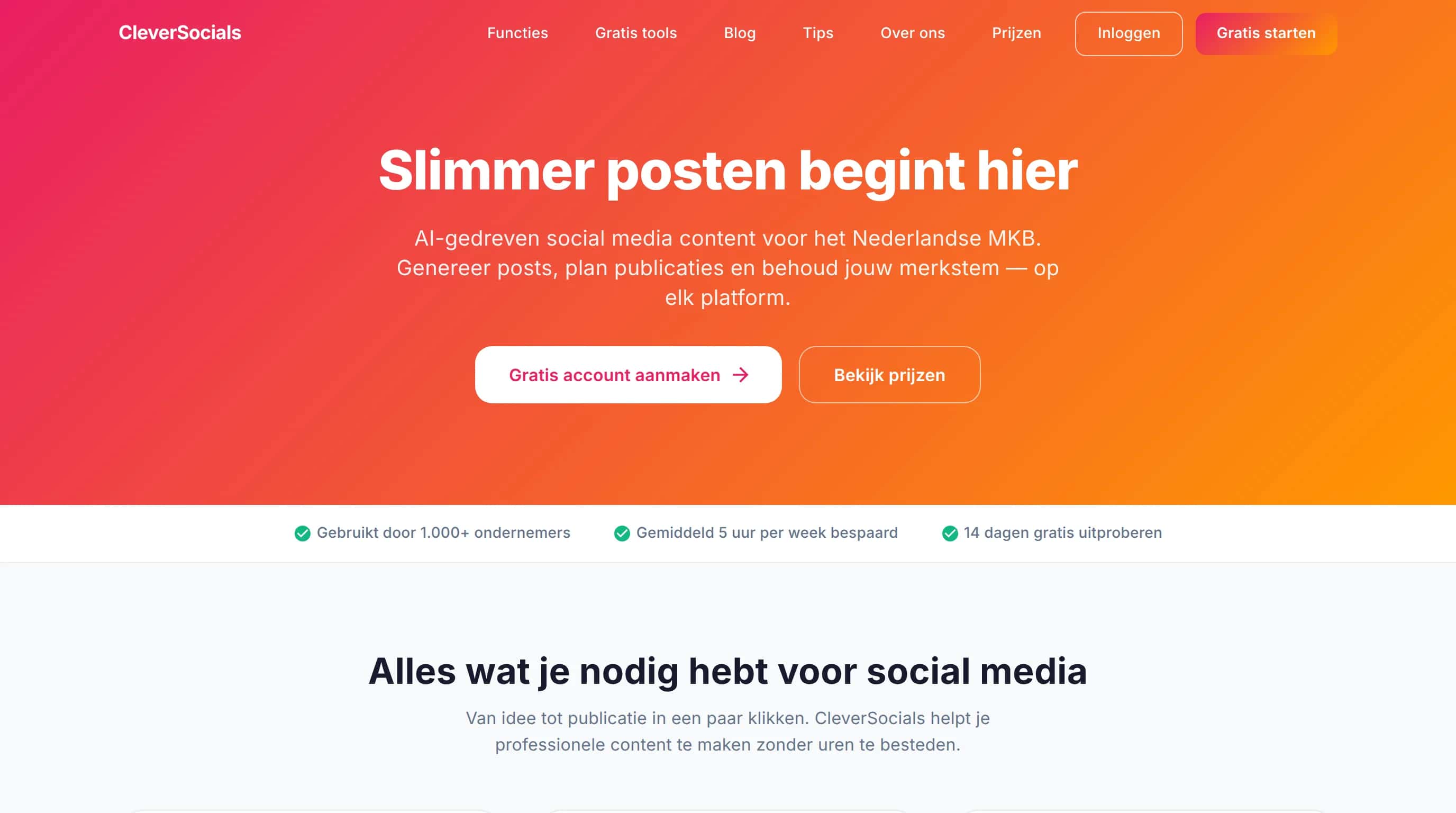 Screenshot van het CleverSocials-platform: contentkalender en gegenereerde social posts voor LinkedIn, Instagram en Facebook