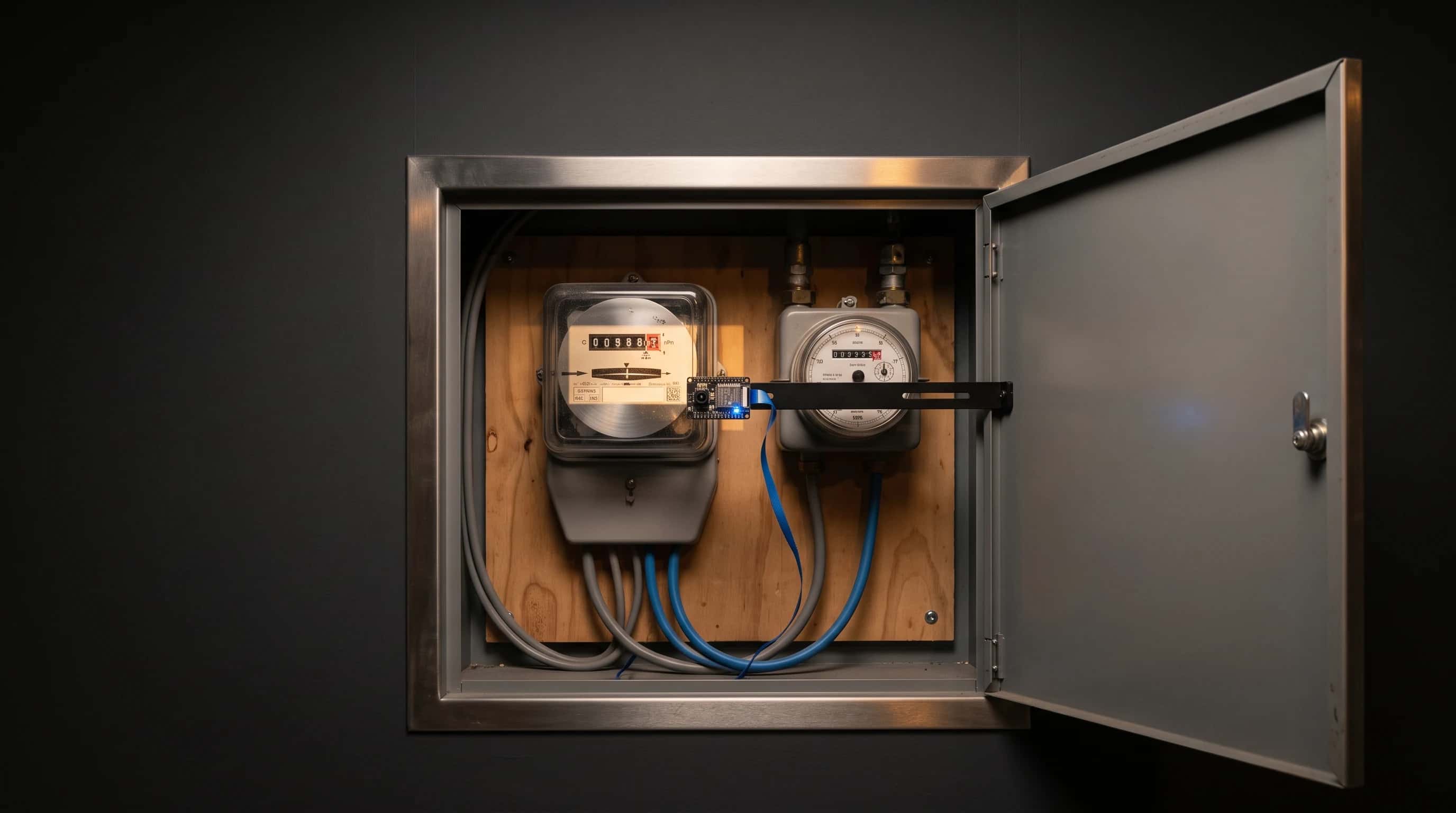 Illustratief: camera-module in een meterkast gericht op een analoge elektriciteitsmeter — beeld bij de case over meterstanden automatisch uitlezen met AI-beeldherkenning