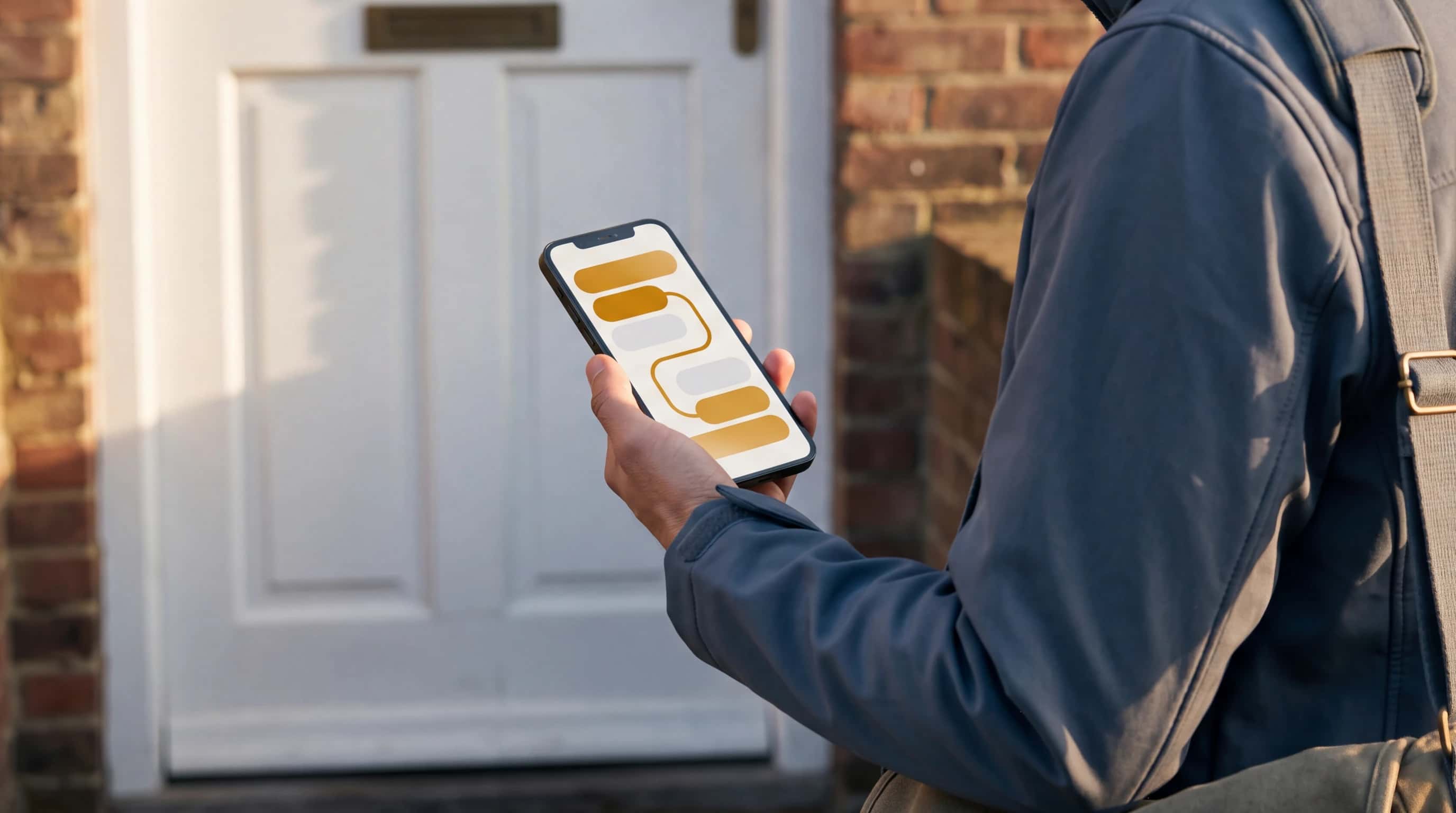 Illustratief: zorgmedewerker onderweg met een smartphone met planningsscherm — beeld bij de case over mobiele zorg-apps op maat
