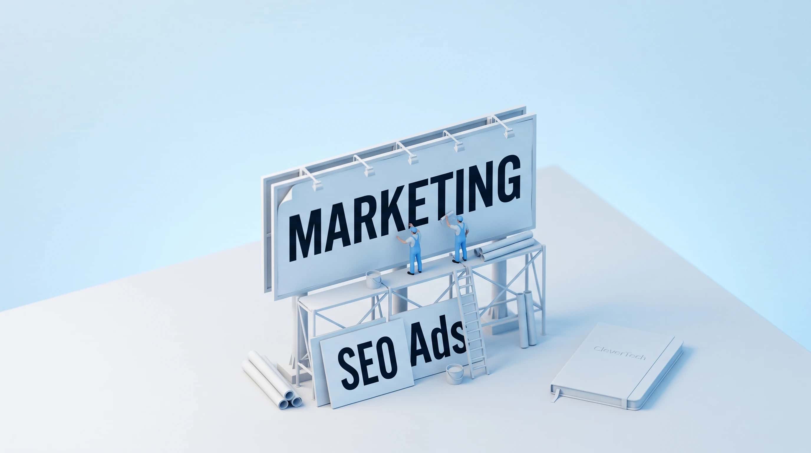 Render van een miniatuur-reclamebord dat door twee figuurtjes op een steiger wordt beplakt, met kleinere borden ertegenaan