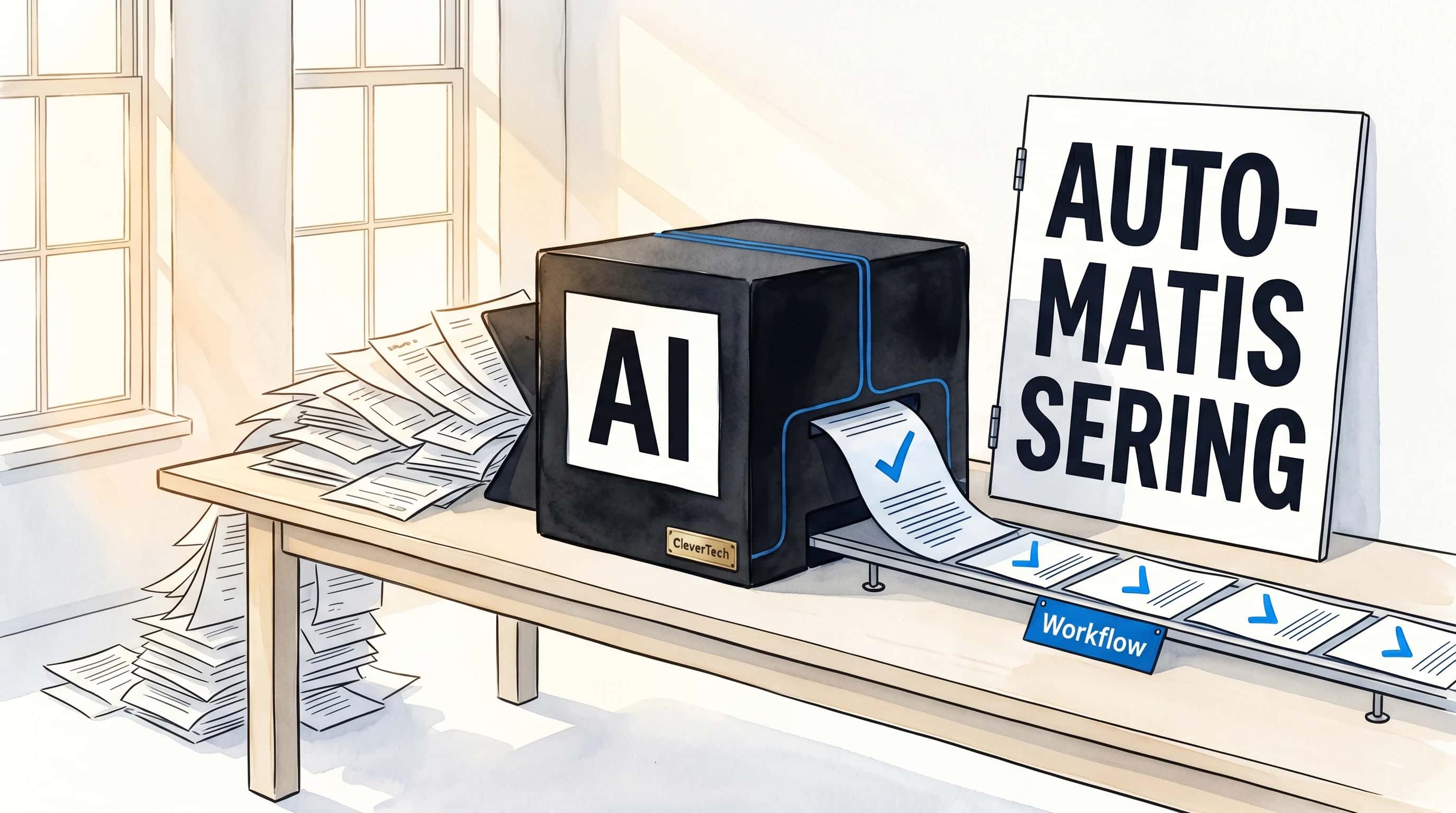 Ambachtelijke automatiseringsworkshop met koperen tandwielen en hefbomen op een houten werkbank, gelabeld Input, Verwerk en Output, met een bedieningspaneel met AI- en Workflow-knoppen en een messing plaquette Automatisering