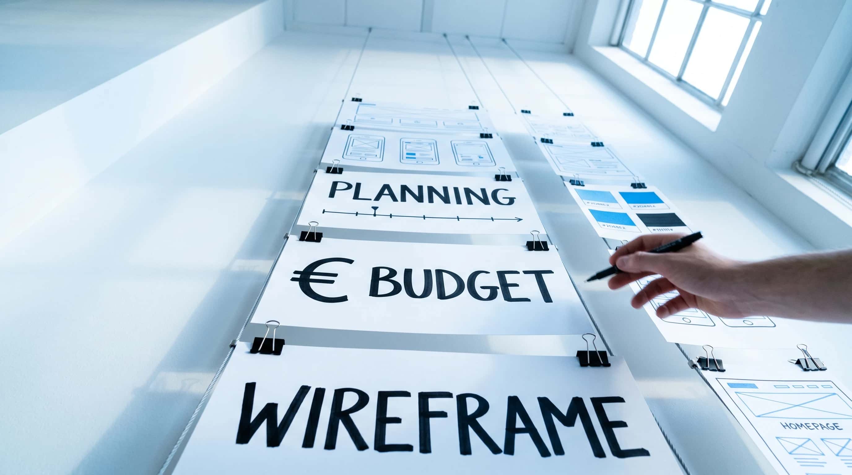 Licht ontwerpatelier met wireframe-kaarten gelabeld Home, Over Ons, Diensten en Contact uitgelegd op een eikenhouten bureau, een tablet met browsermockup, typografiebladen en kleurstalen op een prikbord, en een CleverTech AI-mok bij het raam met uitzicht op Nederlandse daken