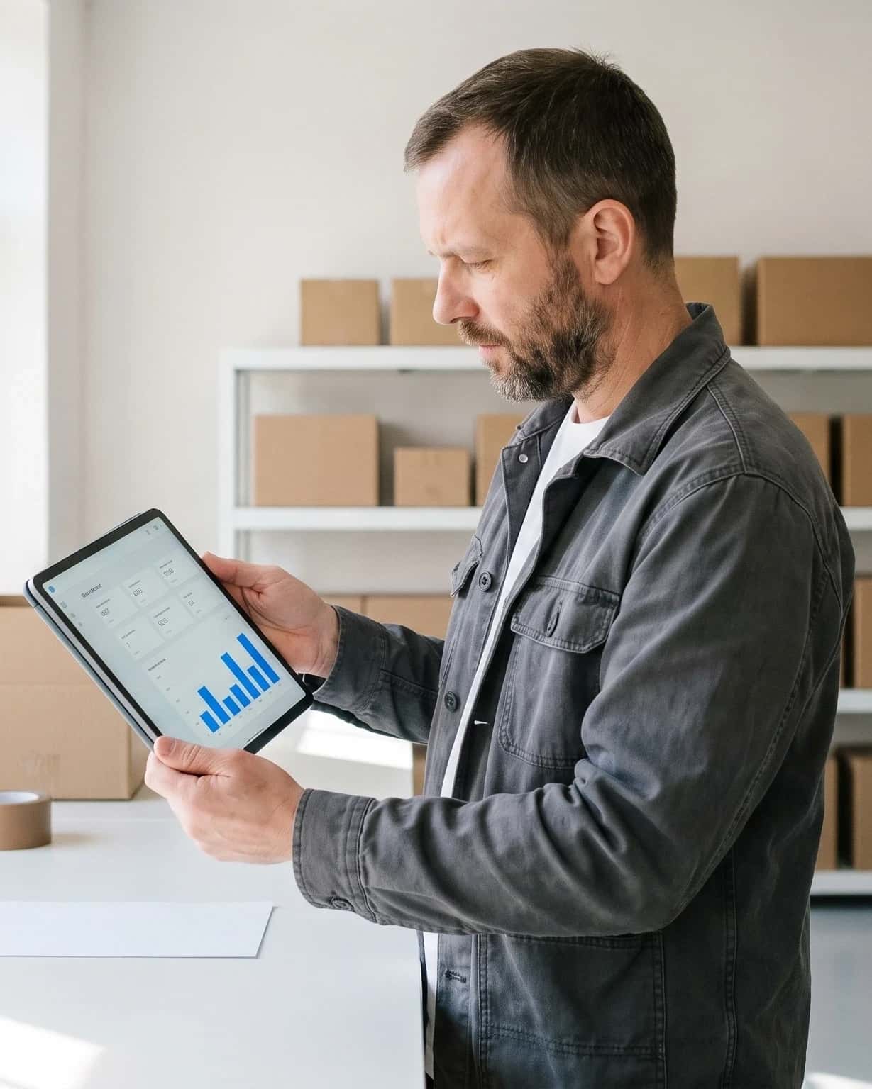 Man in een grijs werkjack bekijkt een tablet met een licht dashboard in een magazijn, stellingen met kartonnen dozen op de achtergrond