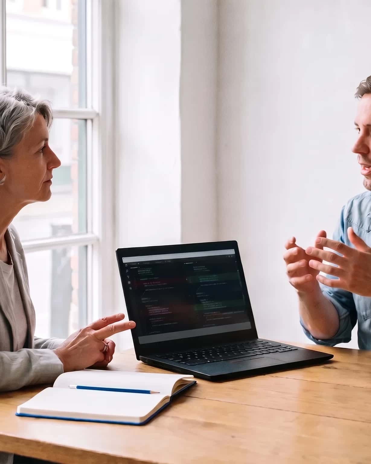 Twee mensen in gesprek aan een houten tafel bij het raam, tussen hen een laptop met een donkere code-editor, een opengeslagen notitieboek en een mok