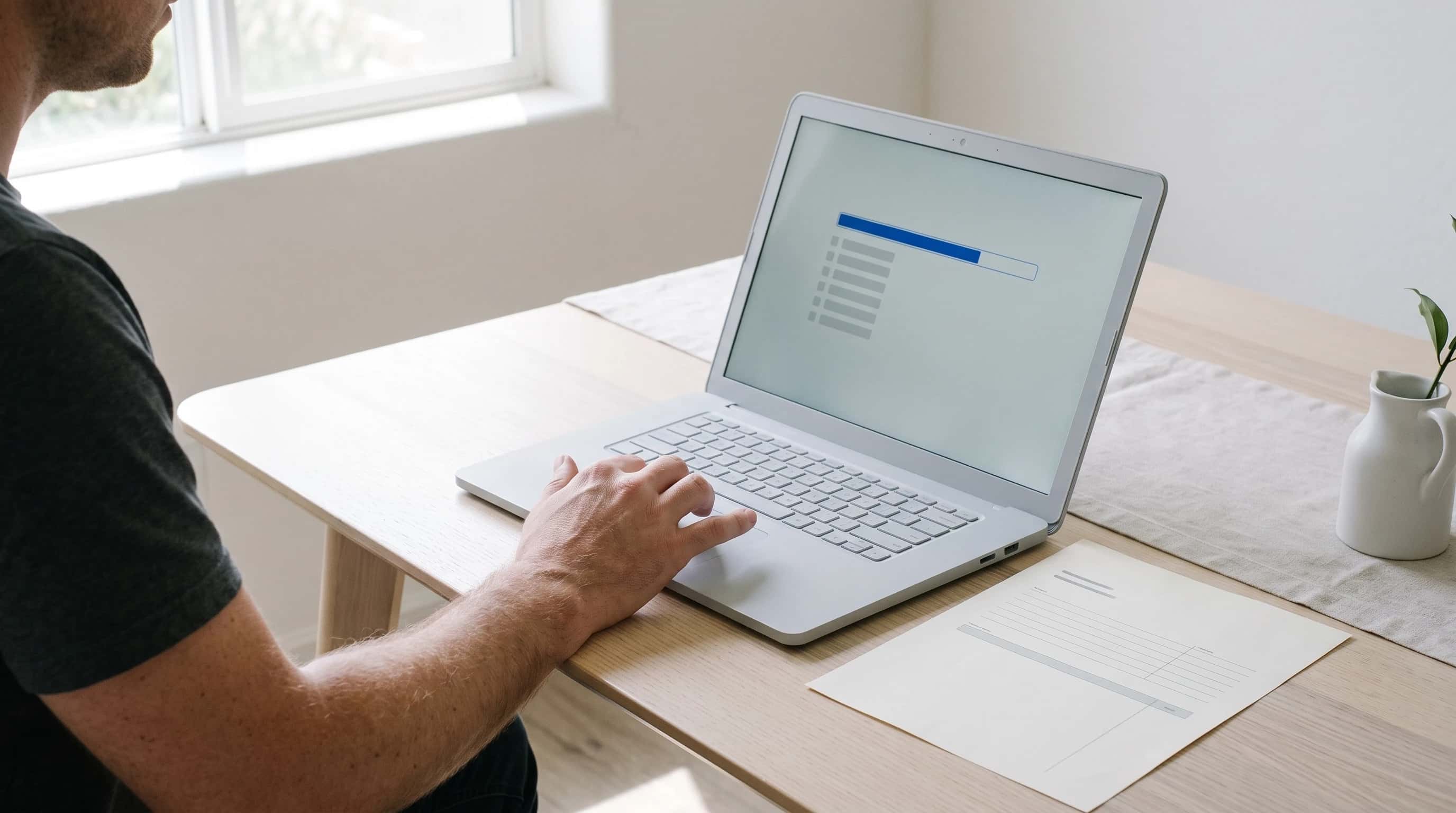 Hand op het trackpad van een laptop die grijze regels en één deels gevulde blauwe balk toont; ernaast een vel papier met grijze regels.