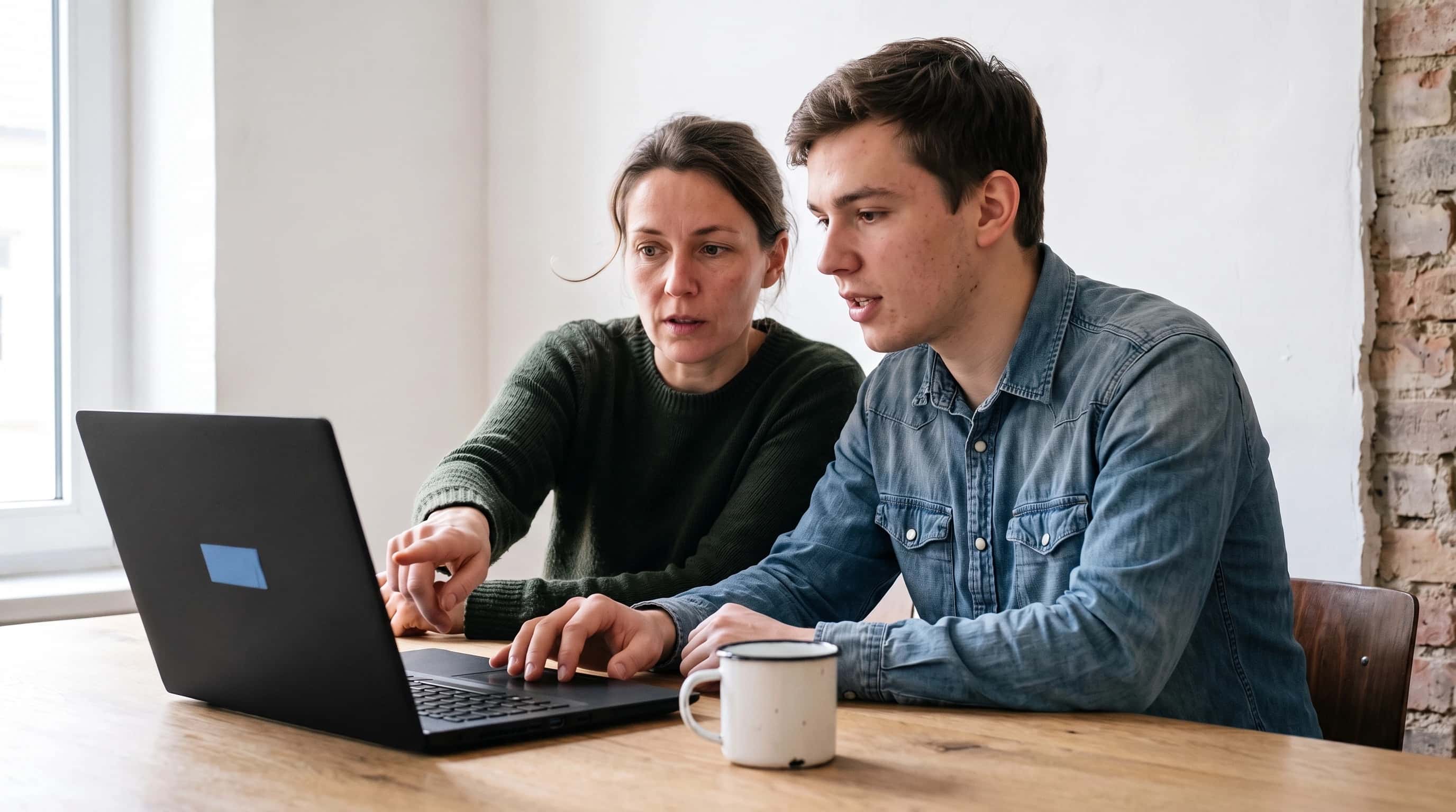 Twee mensen zitten naast elkaar aan een houten werktafel bij het raam en kijken samen naar een geopende laptop; de een wijst iets aan, de ander houdt een hand op het touchpad. Het scherm is vanaf de camera niet zichtbaar.