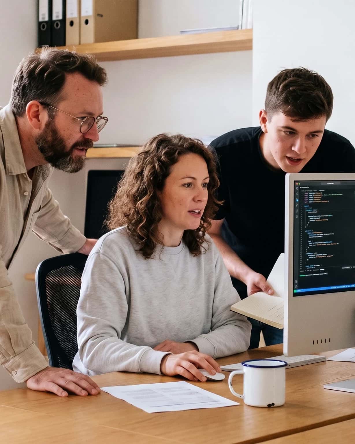 Drie mensen achter één monitor met code en een dashboard, in een licht kantoor met houten werktafel