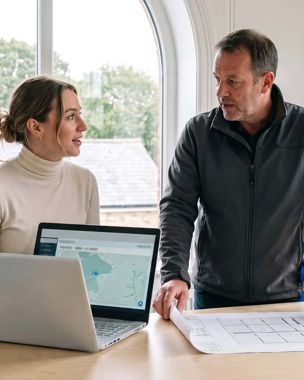 Adviseur draait een laptop met kaartdashboard naar een installateur die een tekening uitrolt, kantoor met boogvenster in Arnhem